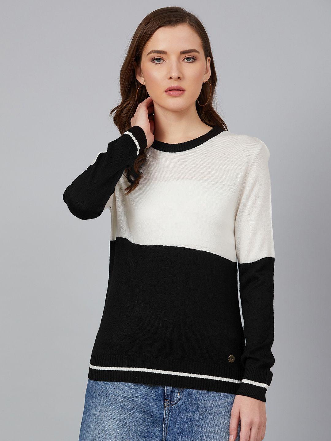 cayman women black & off-white colourblocked pullover acrylic sweater