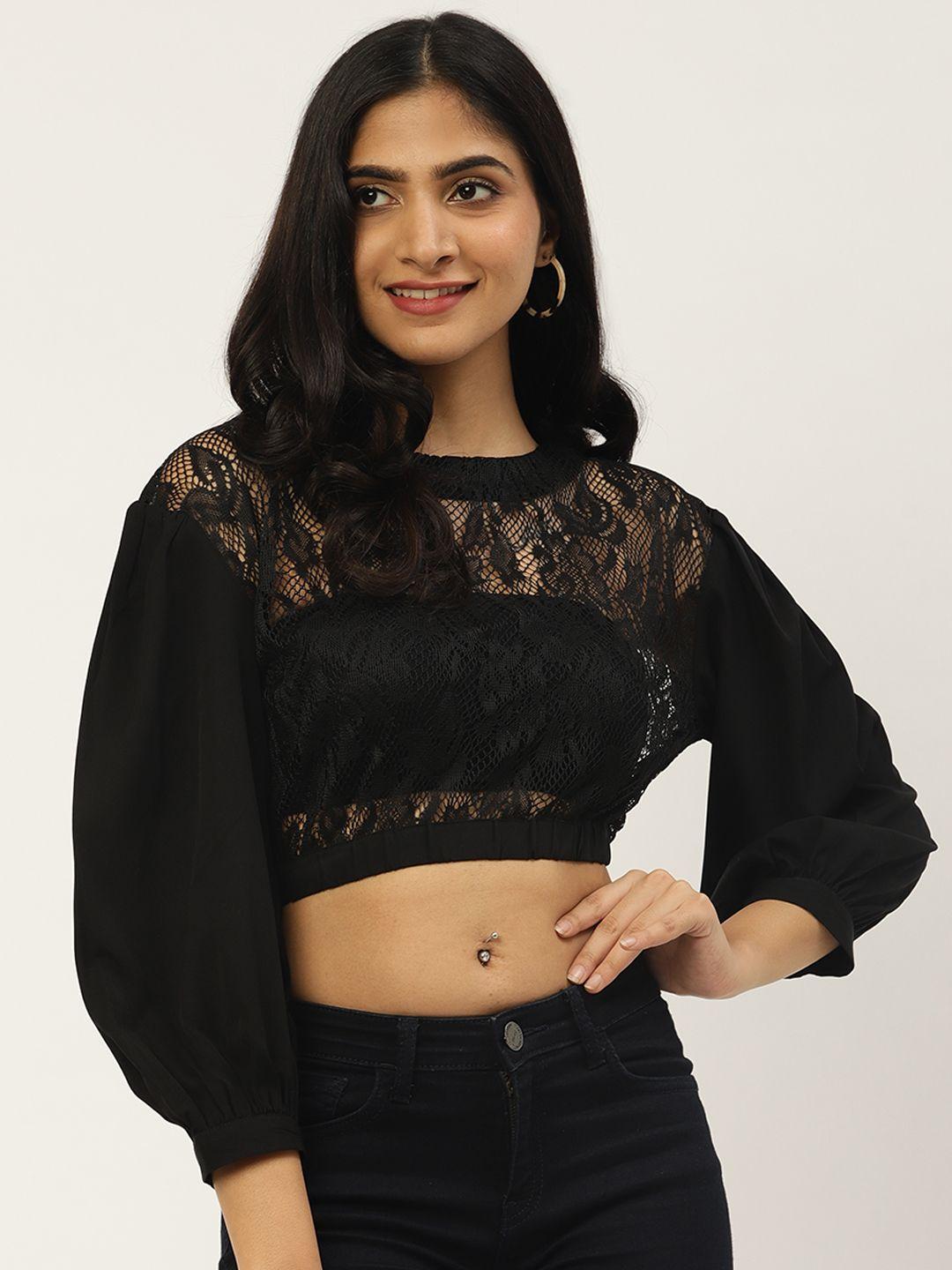 cottinfab women black sheer lace crop top