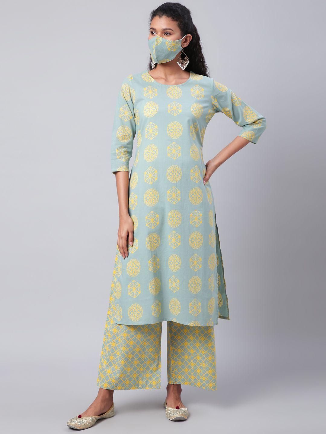 sringam women green  yellow printed kurta with palazzos