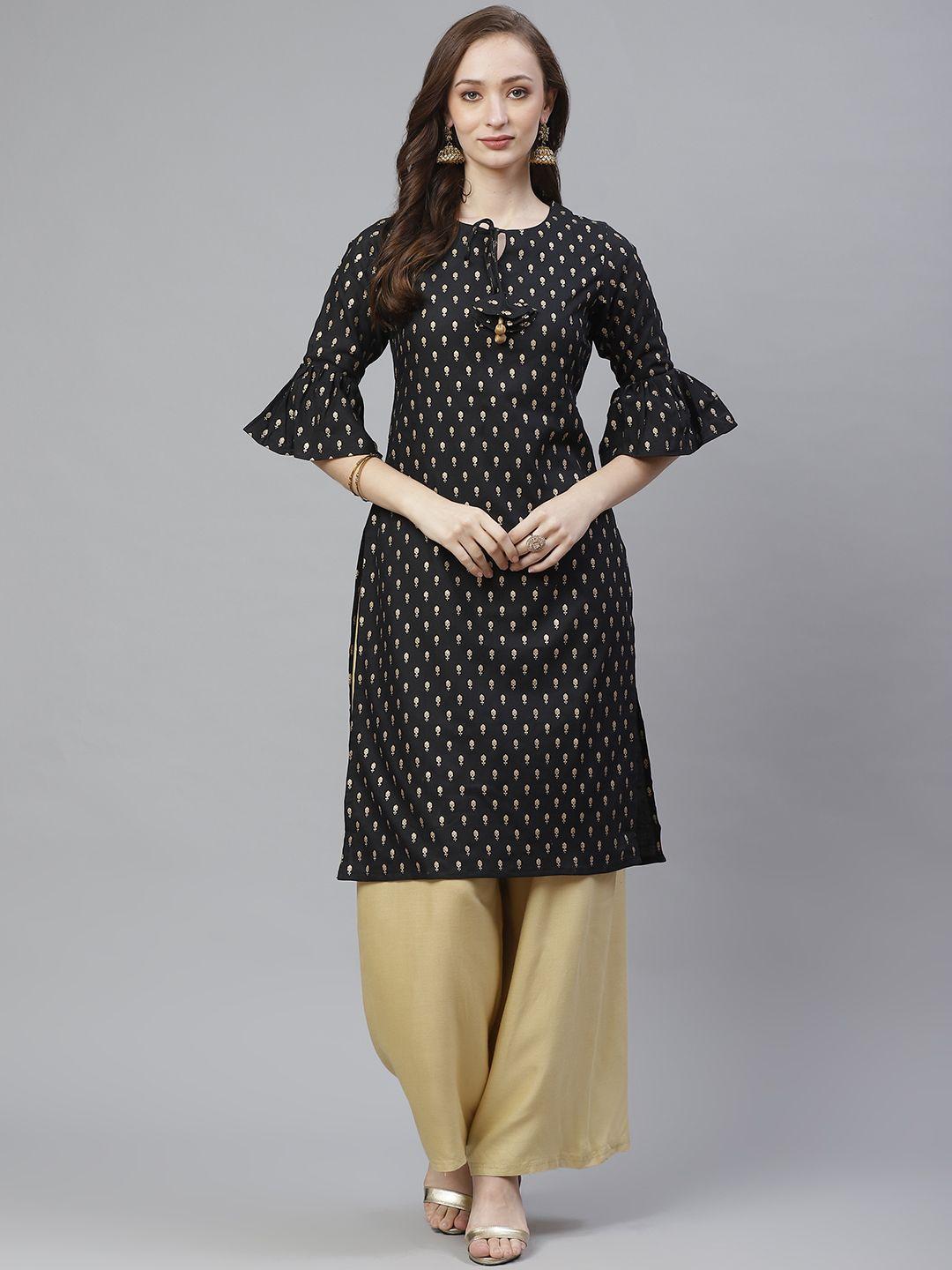 bhama couture women black & golden ethnic block printed straight kurta