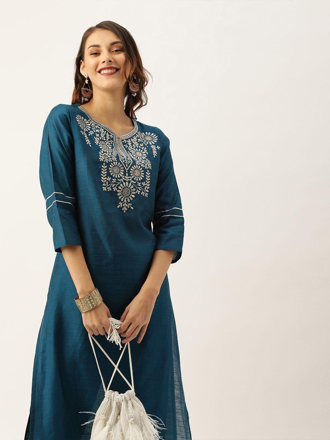 varanga women teal blue yoke design sequined kurta with trousers