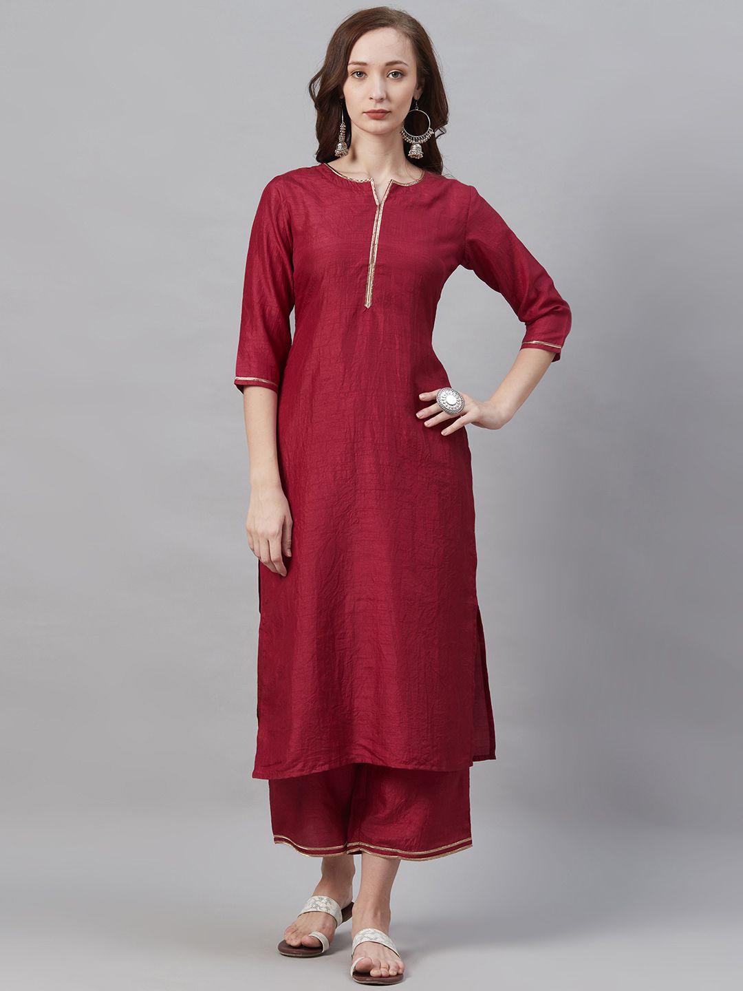 indo era women maroon & beige solid kurta with palazzos