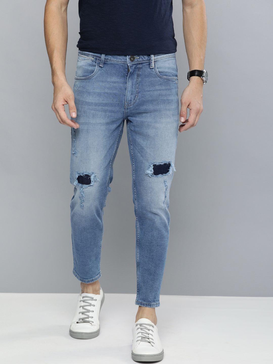 mast & harbour men blue carrot regular fit mid-rise mildly distressed stretchable jeans