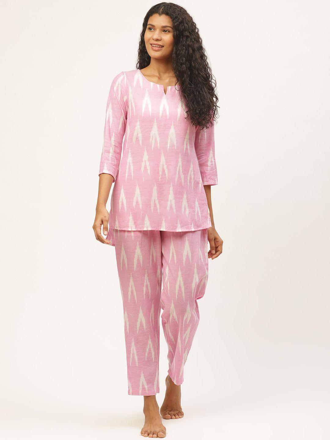 prakrti women pink & off-white pochampally ikat printed cotton sustainable night suit set