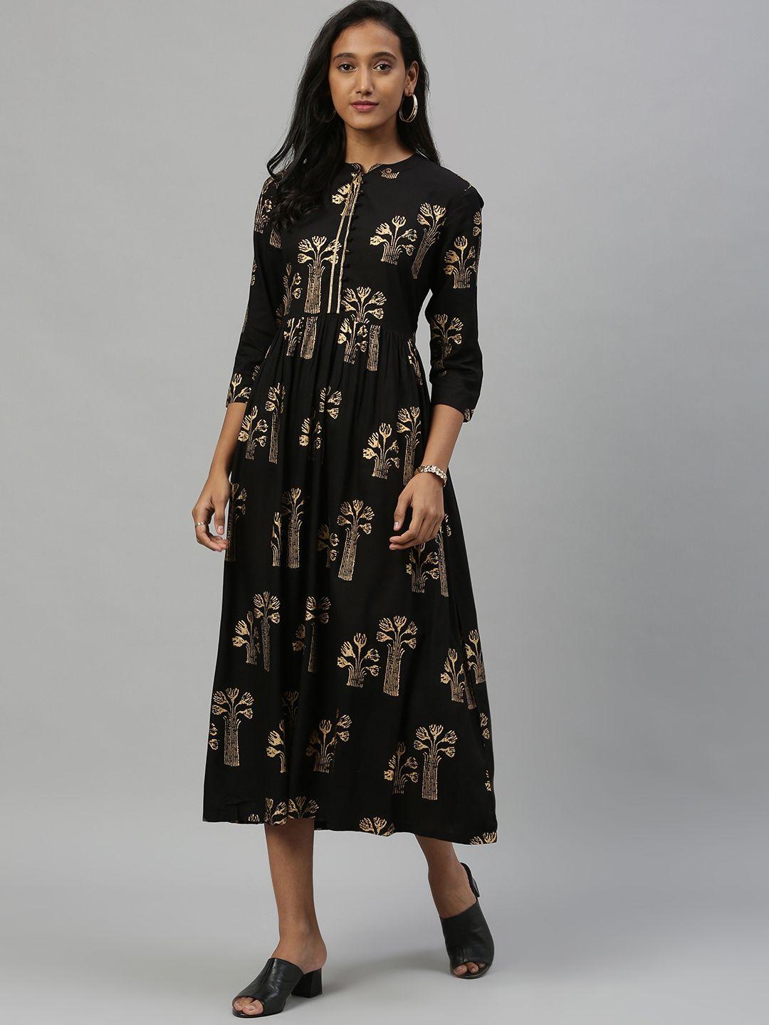 anouk women black printed fit and flare dress