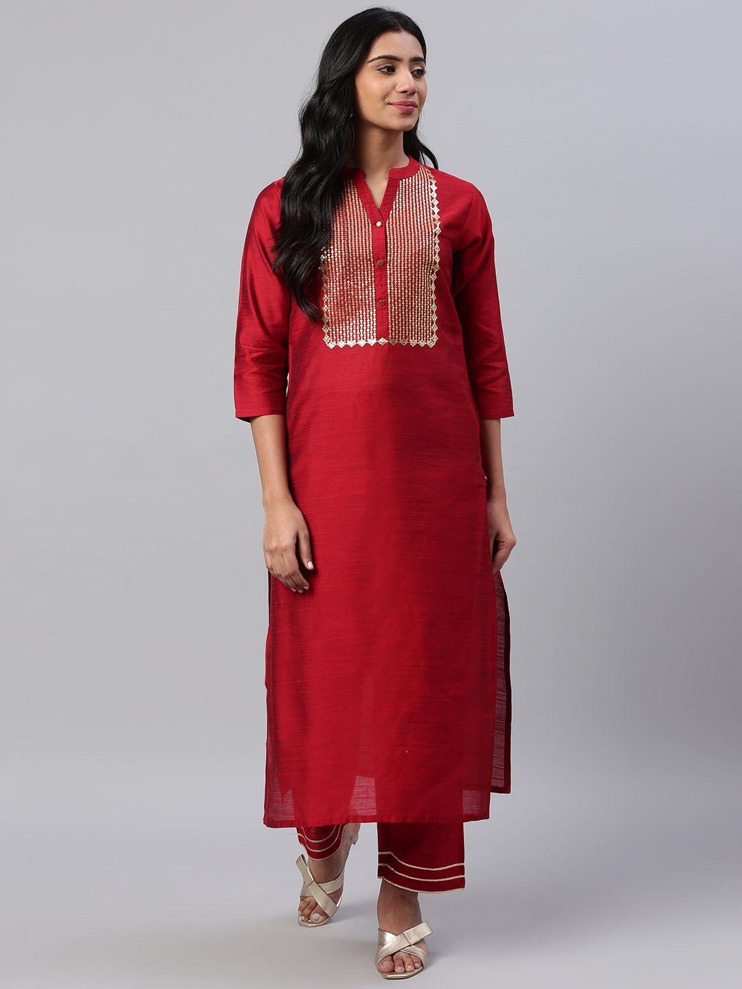 ksut women maroon & golden sequinned yoke design kurta with trousers