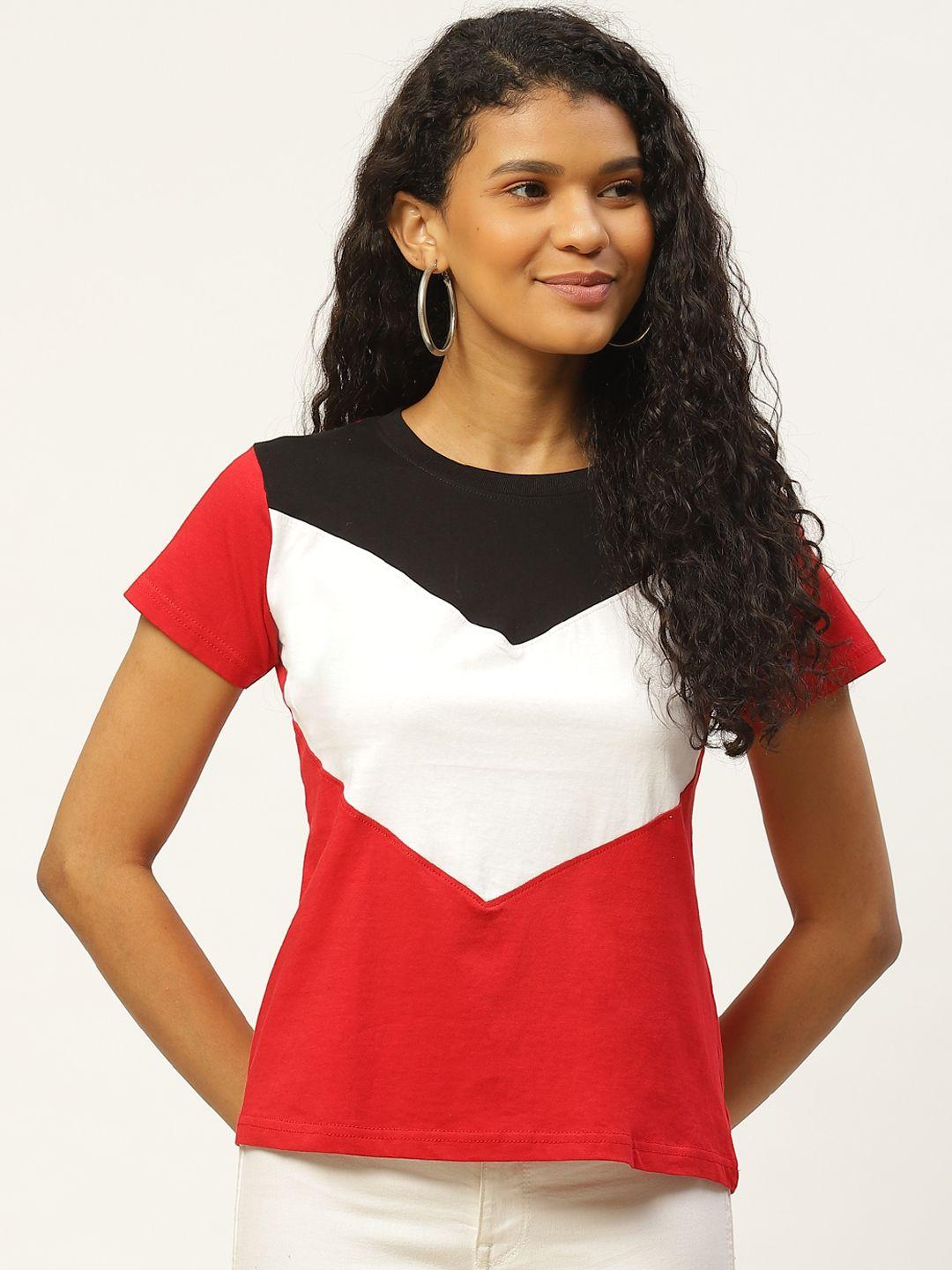 the dry state women red & white slim fit colourblocked round neck t-shirt