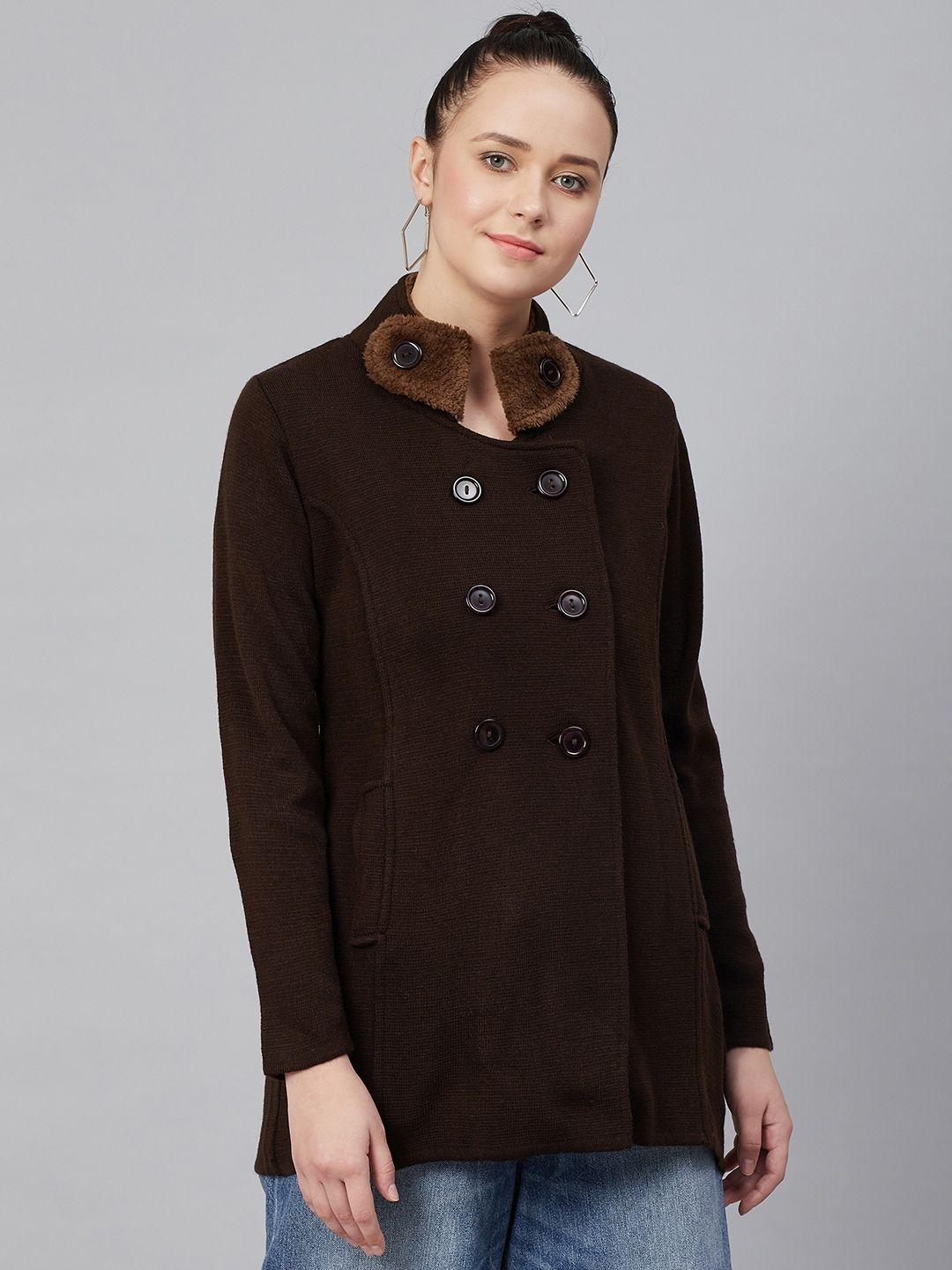 cayman women coffee brown solid hip length overcoat