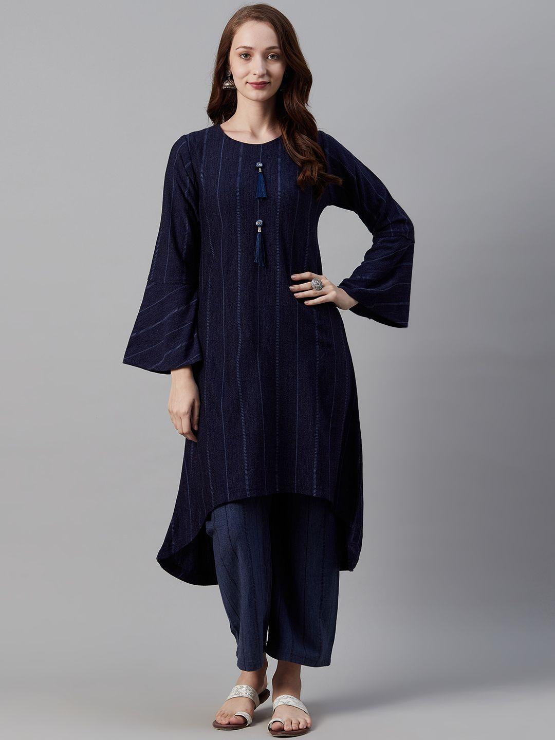 cayman women navy blue striped kurta with trousers