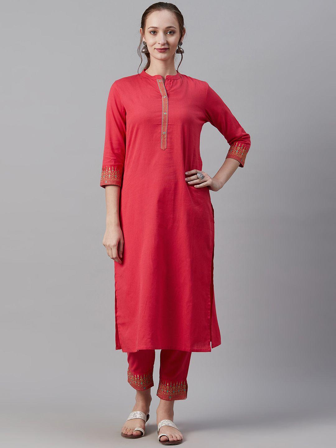 cayman women fuchsia solid kurta with trousers