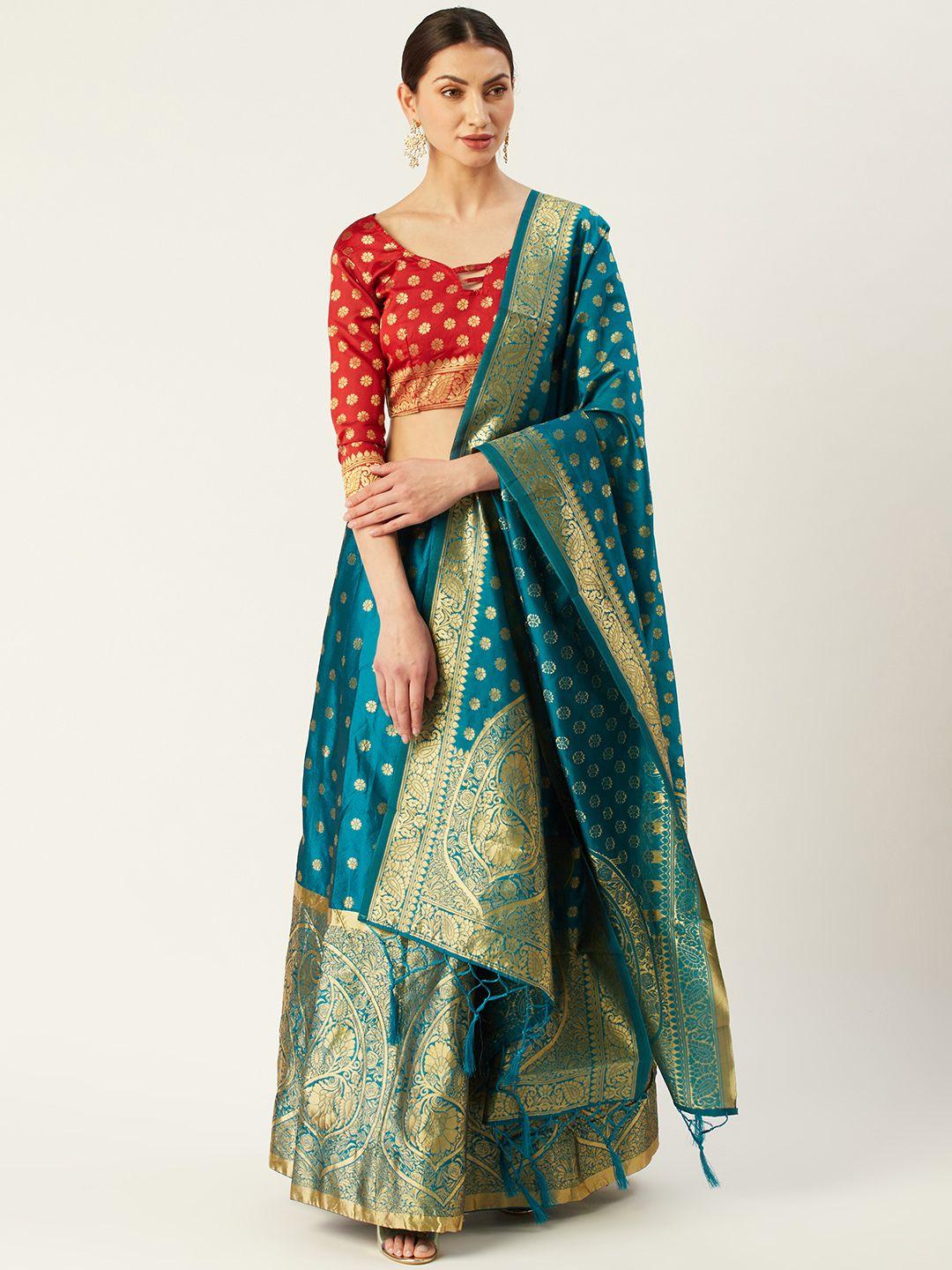 mitera turquoise blue & red woven design semi-stitched lehenga & unstitched blouse with dupatta