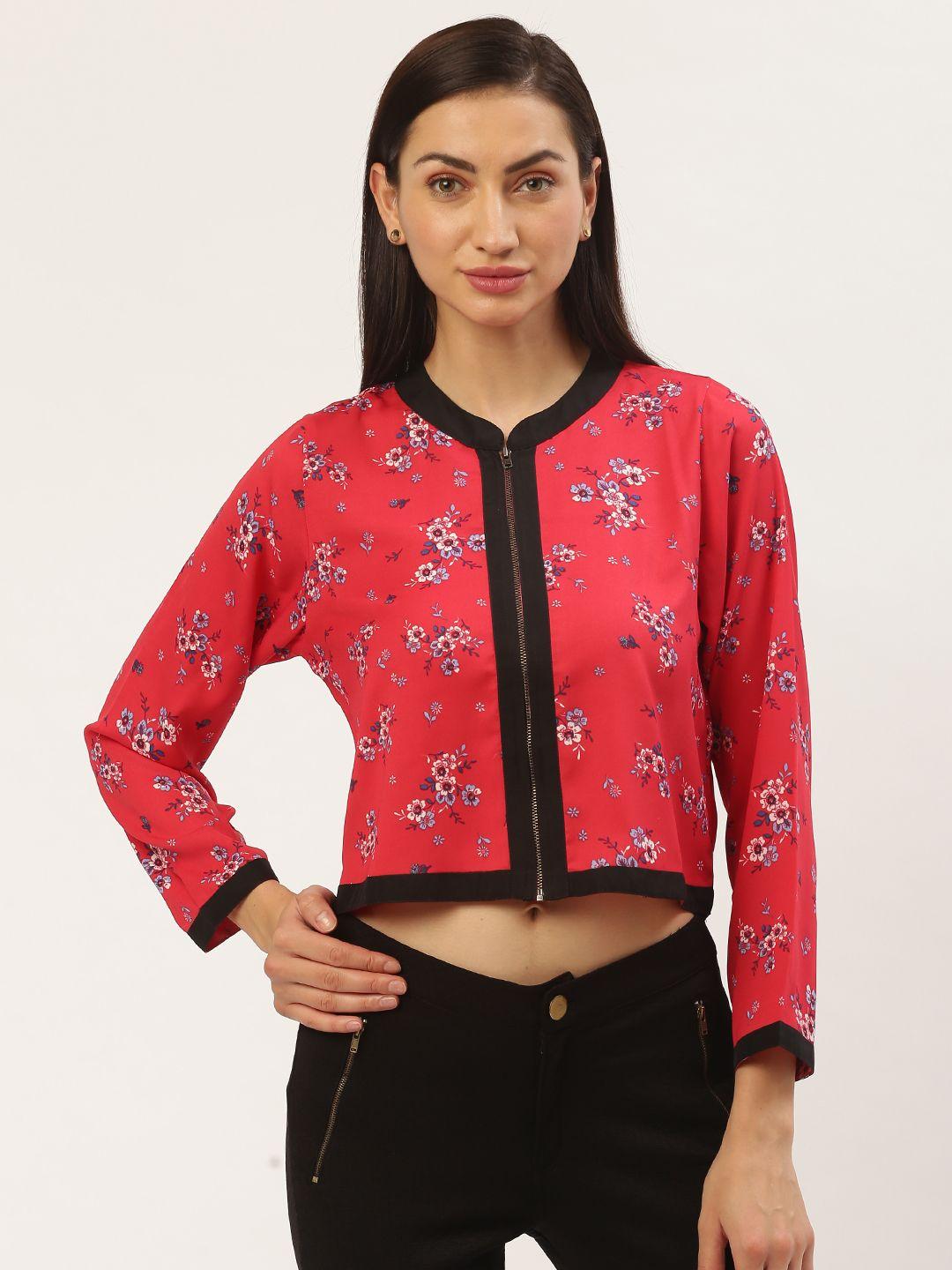 antheaa women pink floral print crop tailored jacket