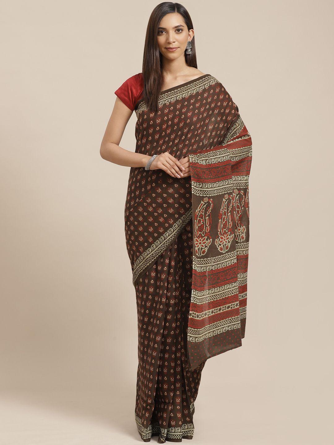 kalakari india charcoal grey & red pure cotton handloom block print sustainable saree