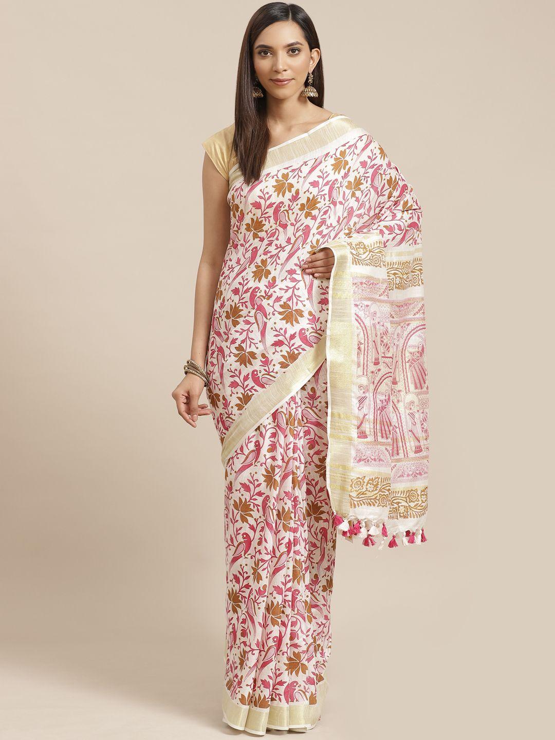 kalakari india white & pink printed bhagalpuri handloom saree