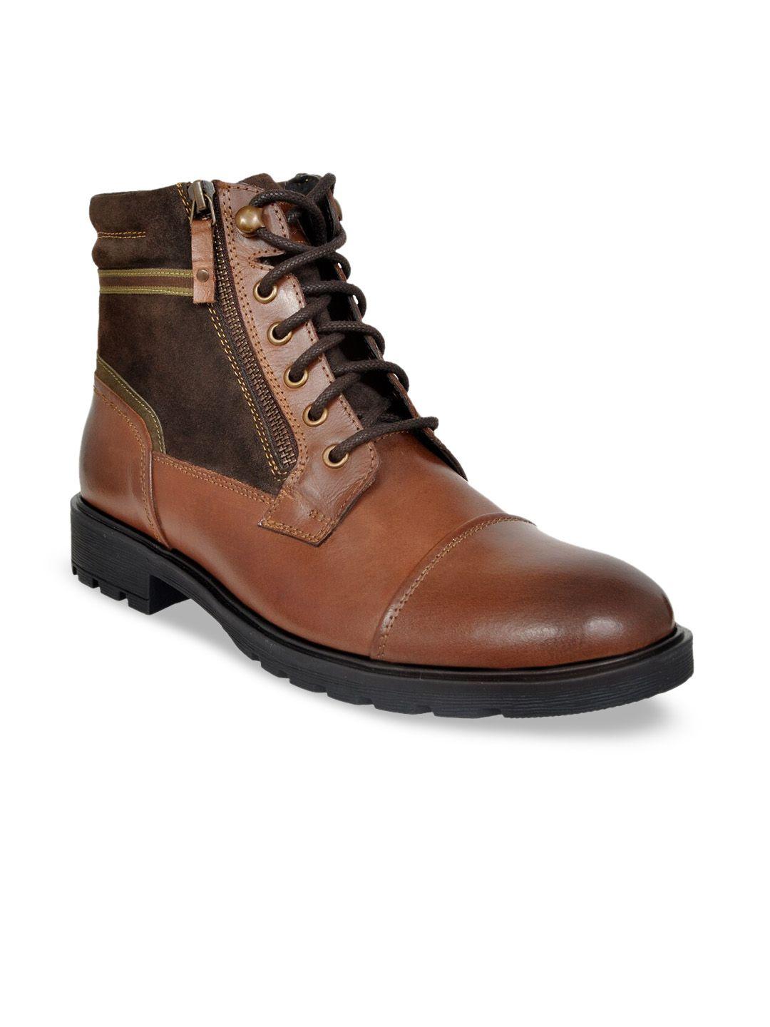 allen cooper men brown solid leather high-top flat boots