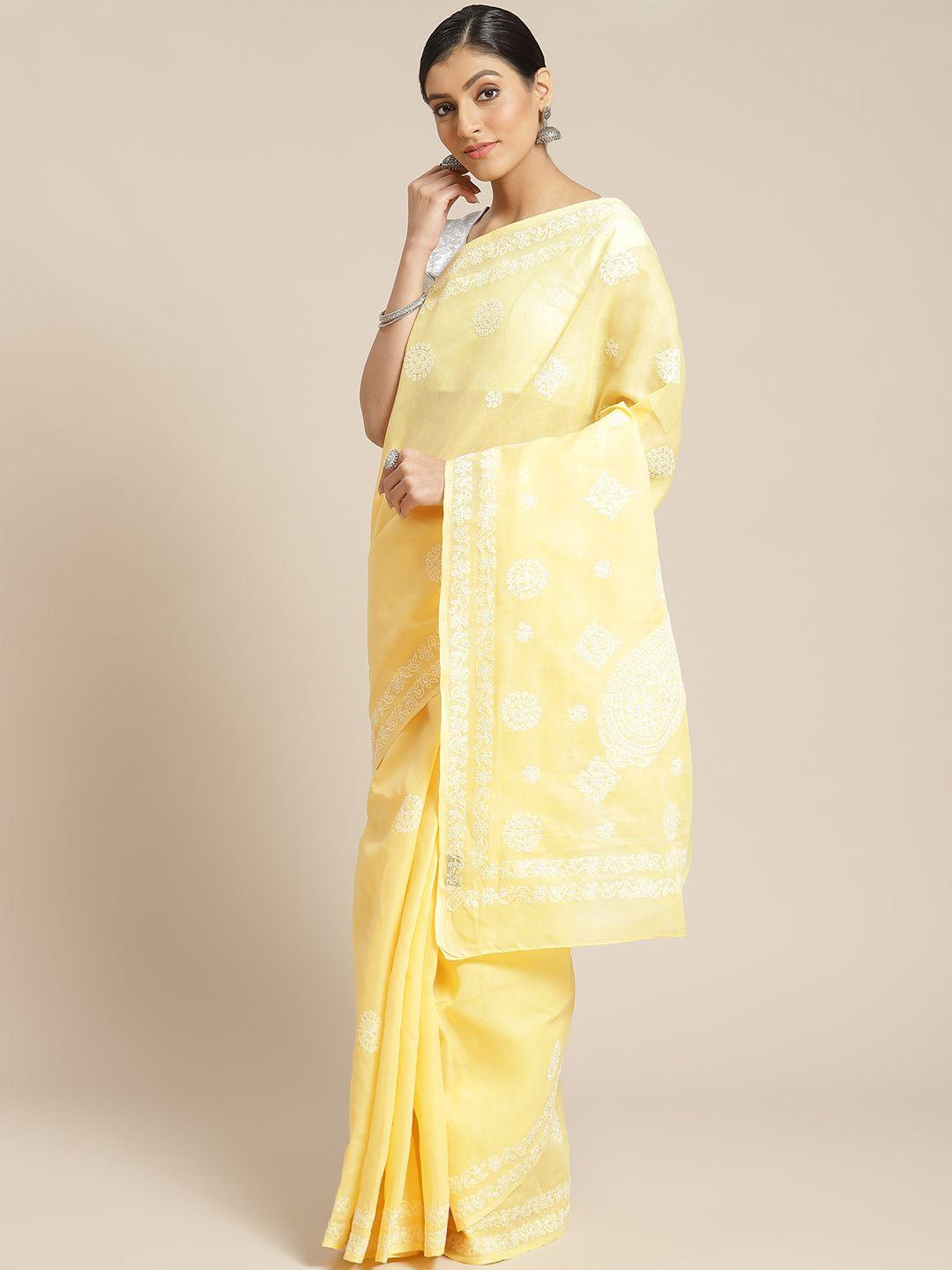 ada yellow & white pure cotton chikankari embroidered sustainable saree