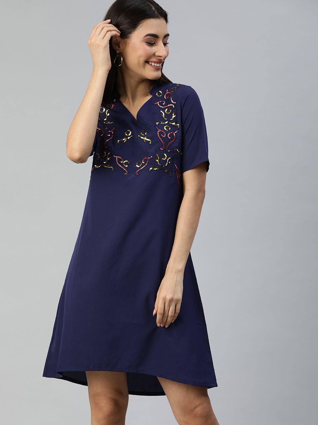 ishin women navy blue embellished a-line dress