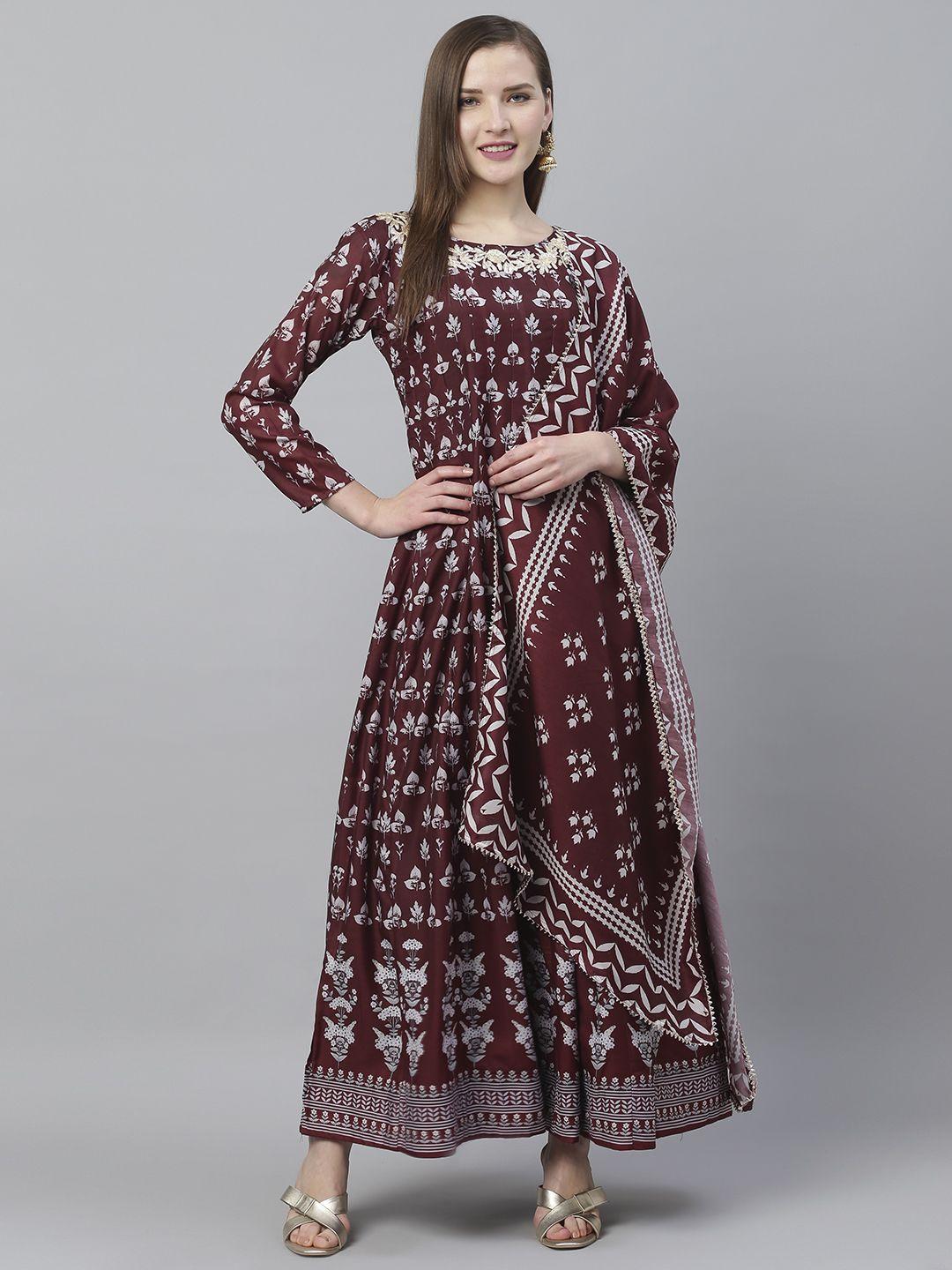 ishin women coffee brown & off-white floral block printed anarkali kurta with dupatta