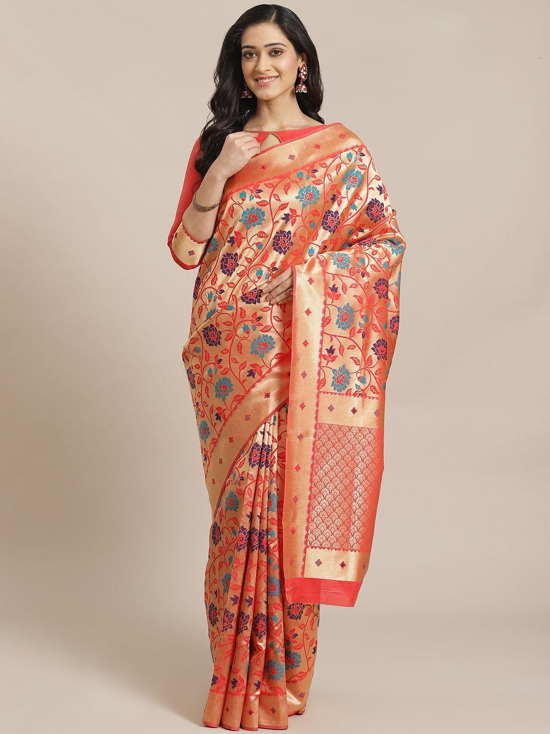 mitera coral orange & golden zari woven design dharmavaram saree