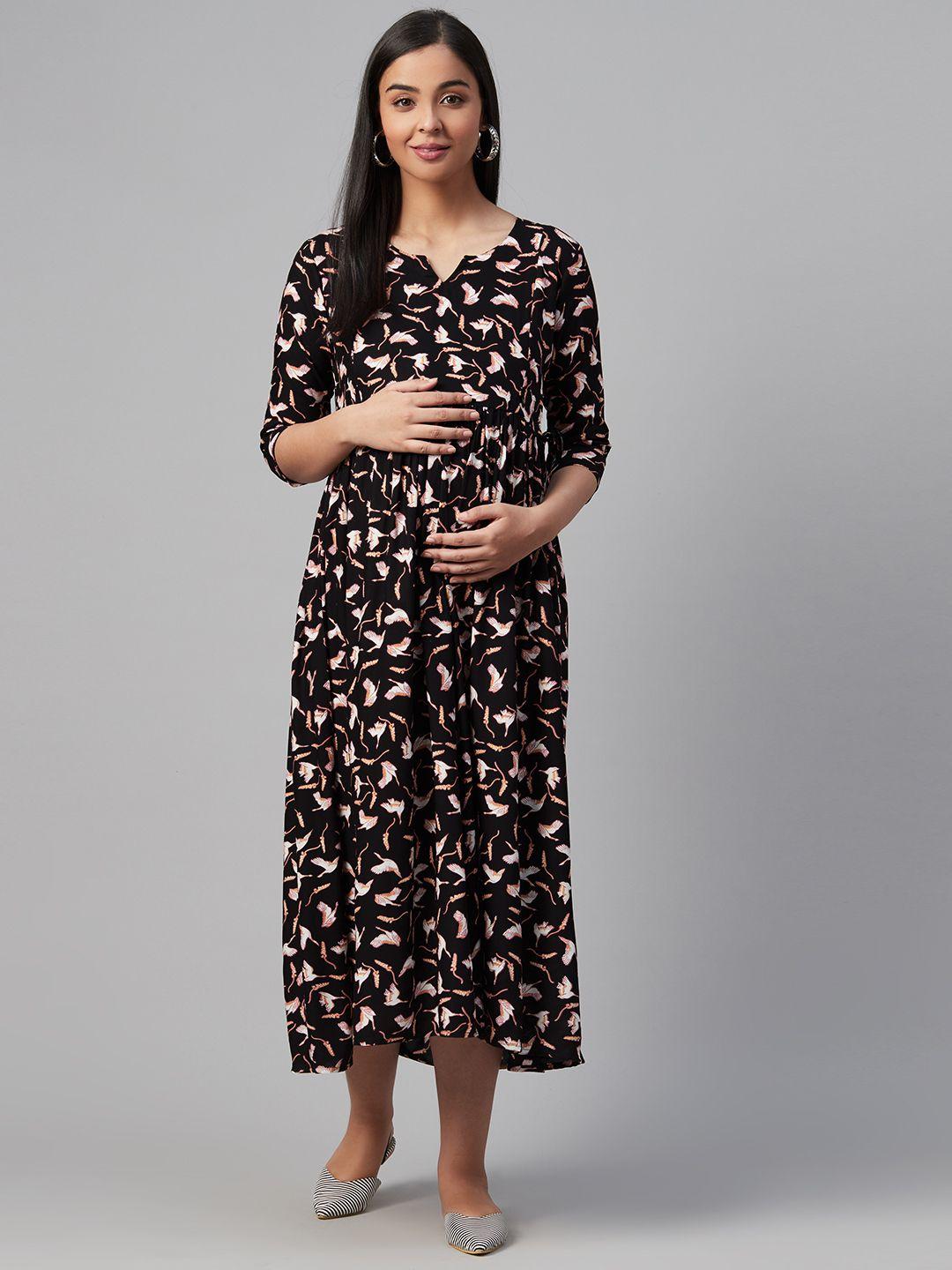 anayna women black & off-white printed maternity a-line dress