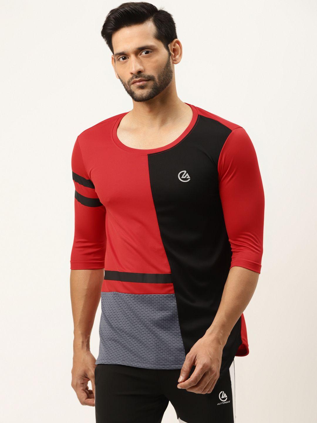 actoholic men red & black colourblocked round neck t-shirt