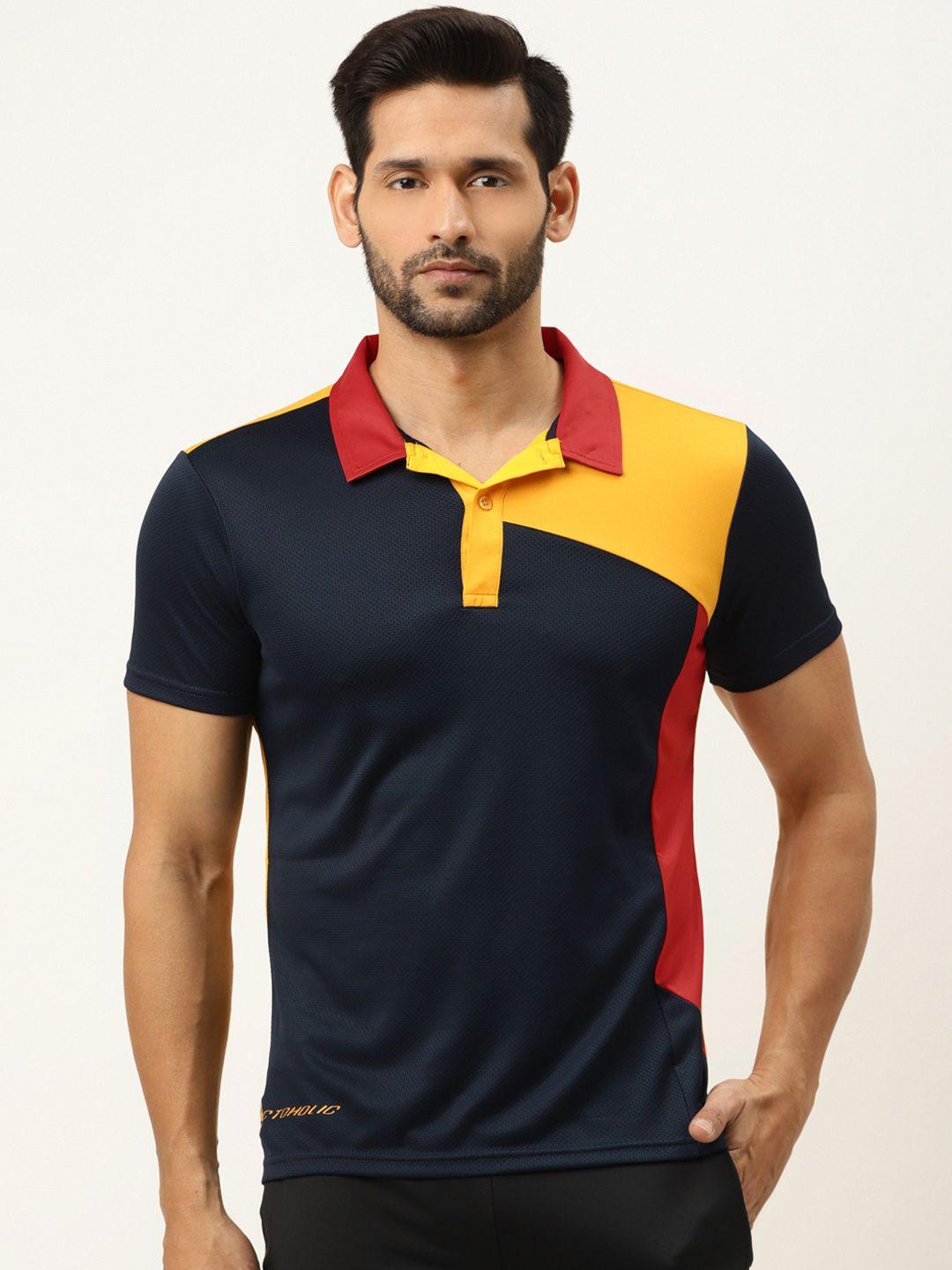 actoholic men navy & yellow colourblocked polo collar t-shirt