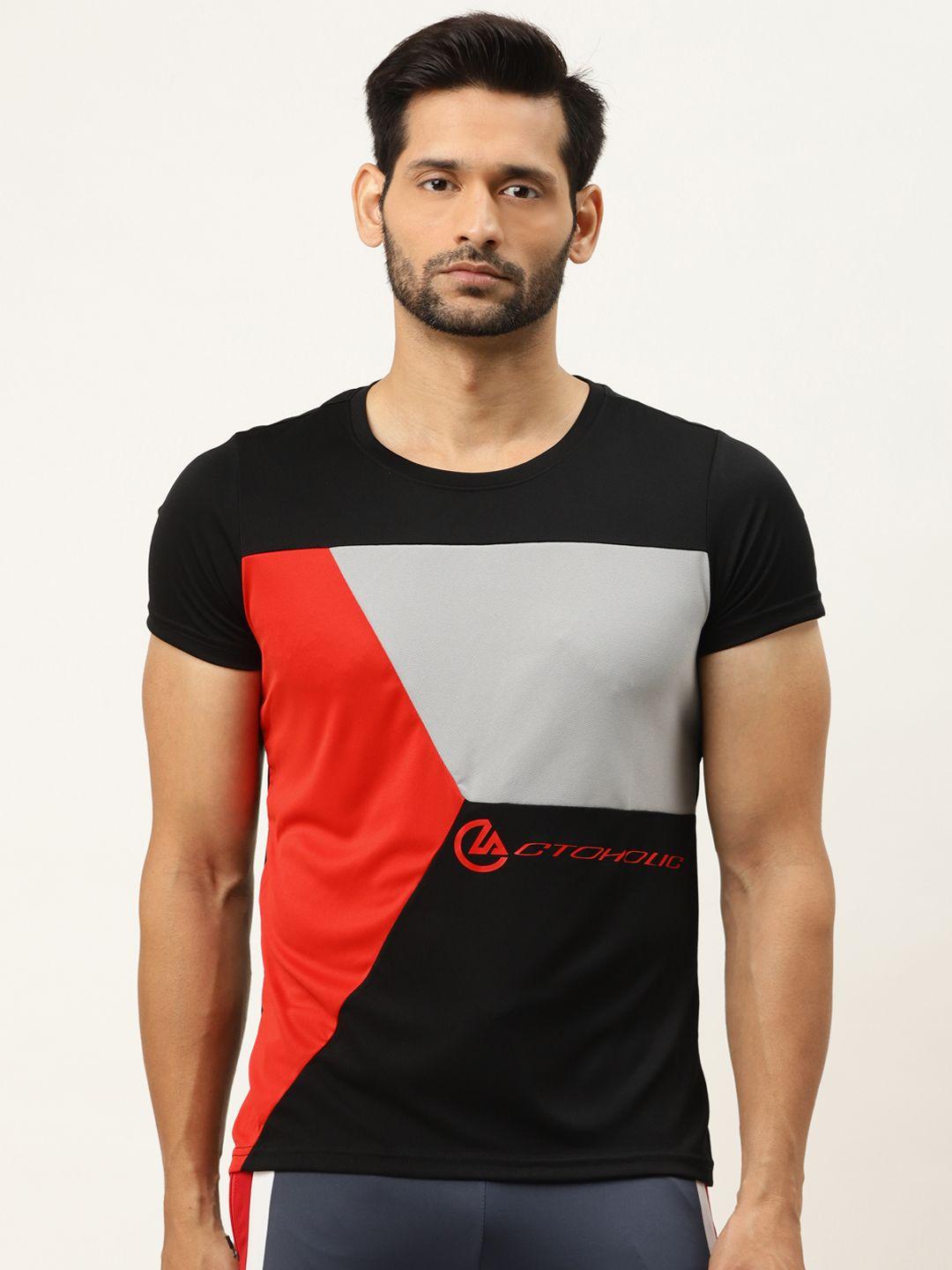 actoholic men black & red colourblocked round neck t-shirt