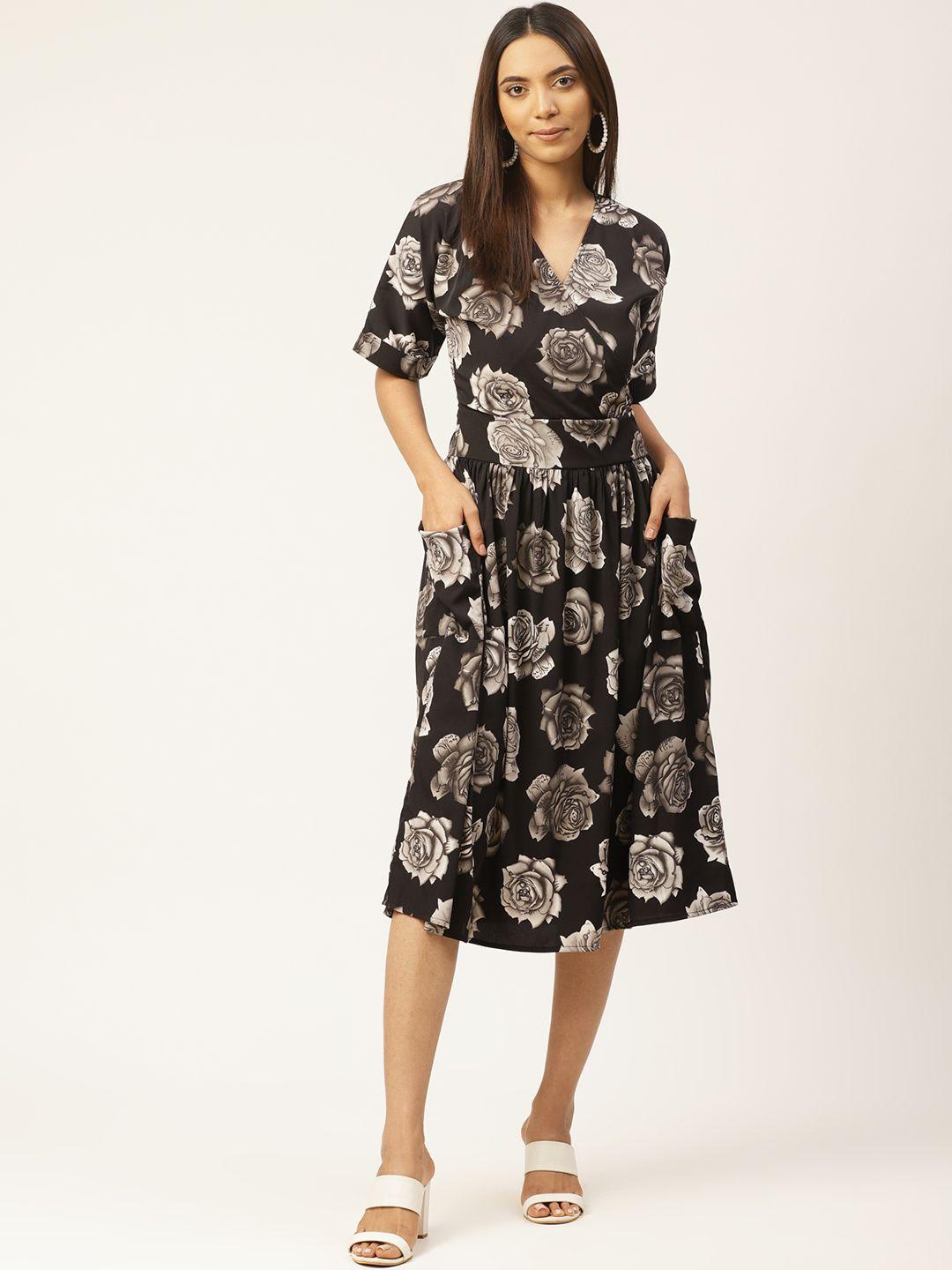 cottinfab women black & grey printed wrap dress