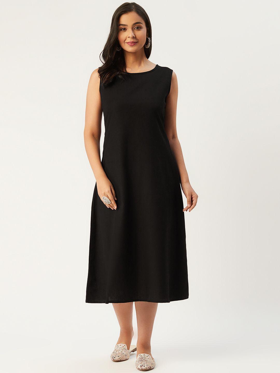 molcha women black solid midi a-line dress