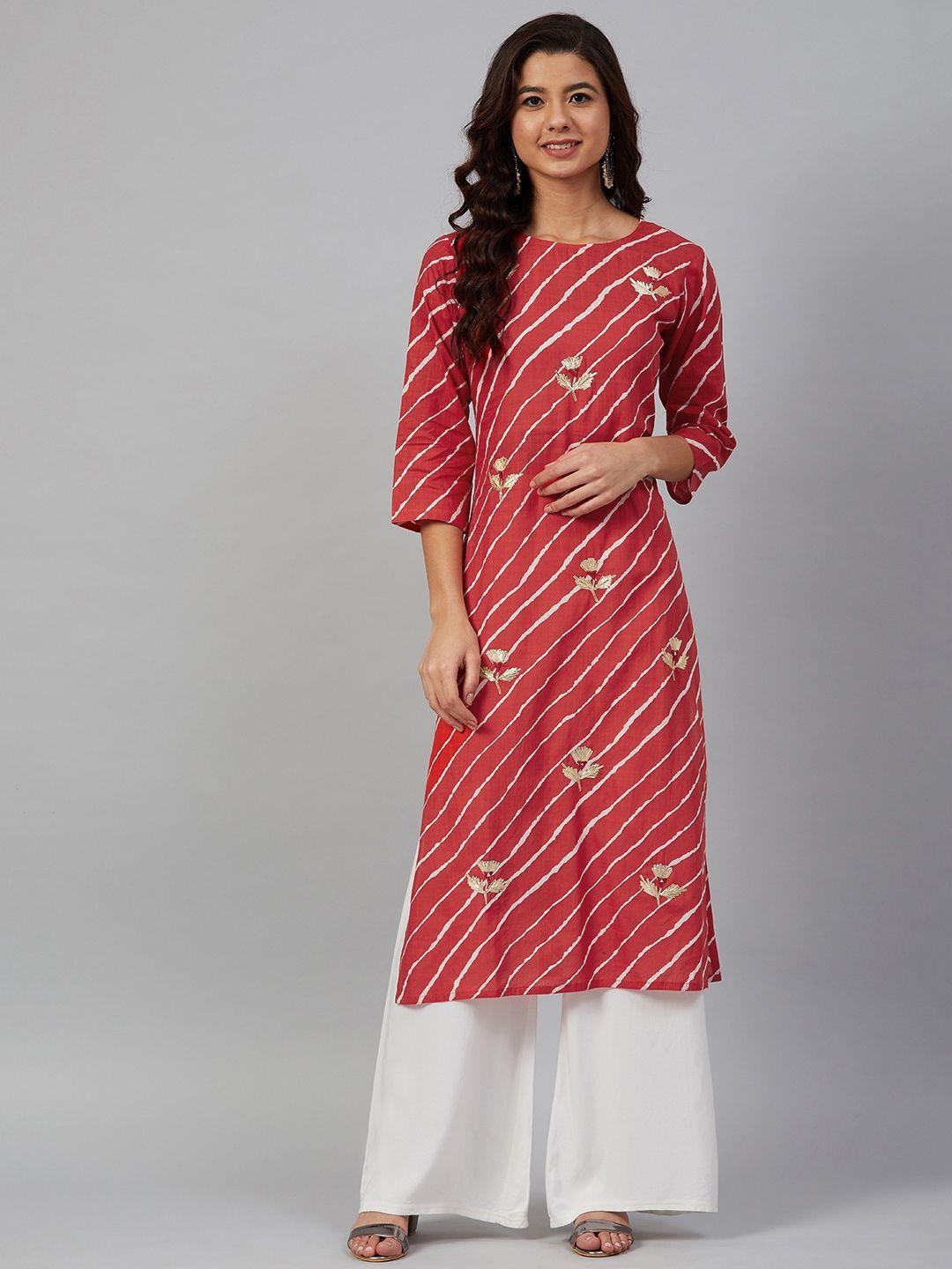 meeranshi women orange & white leheriya printed straight kurta