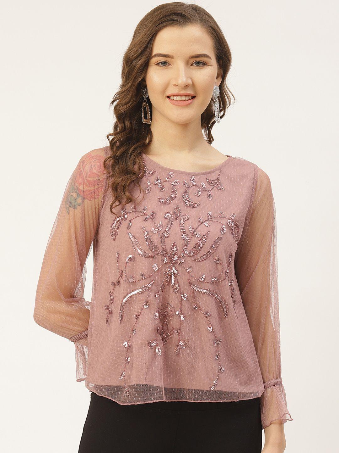 antheaa women mauve embellished net layered top