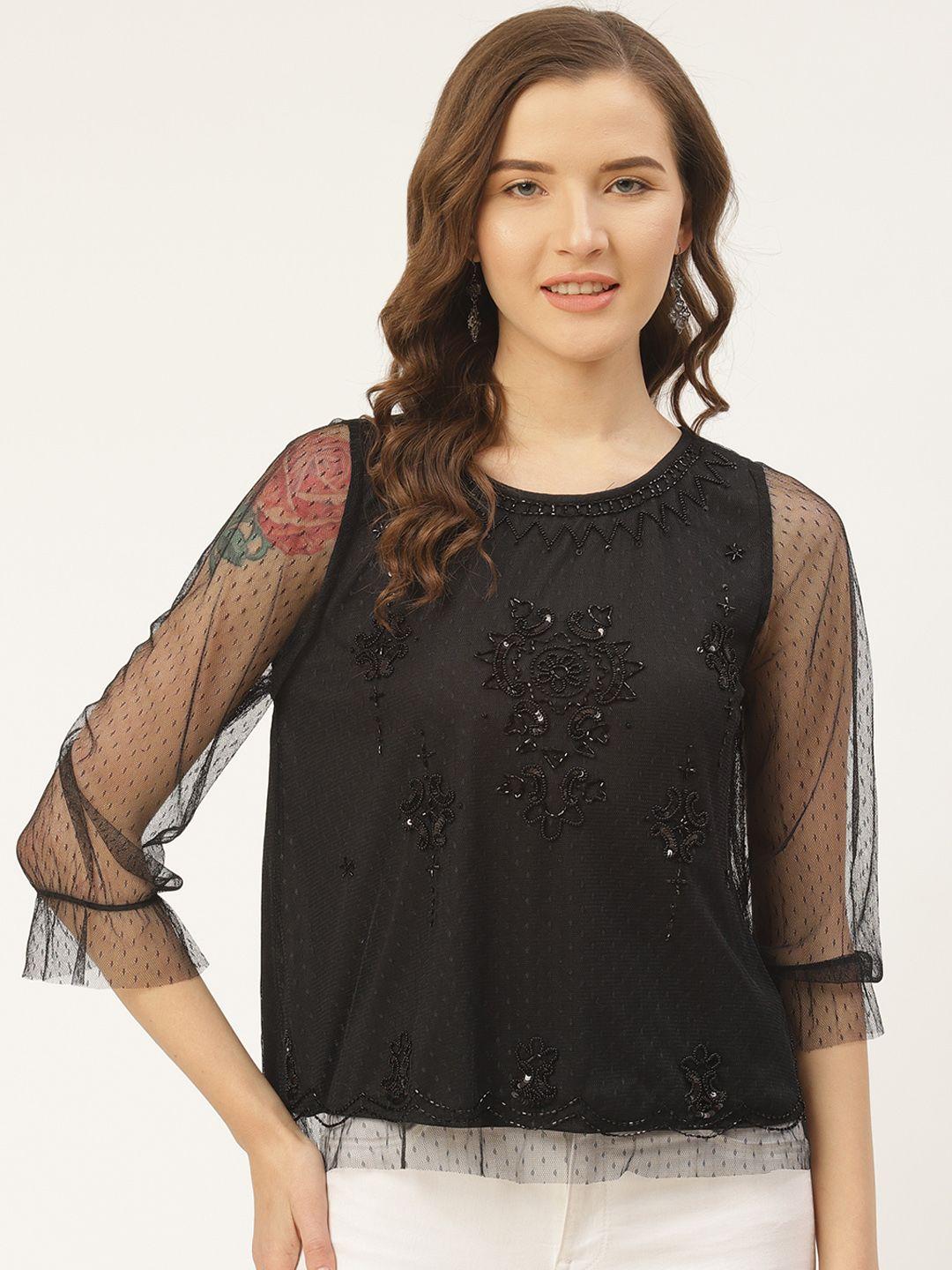 antheaa women black embellished net layered top