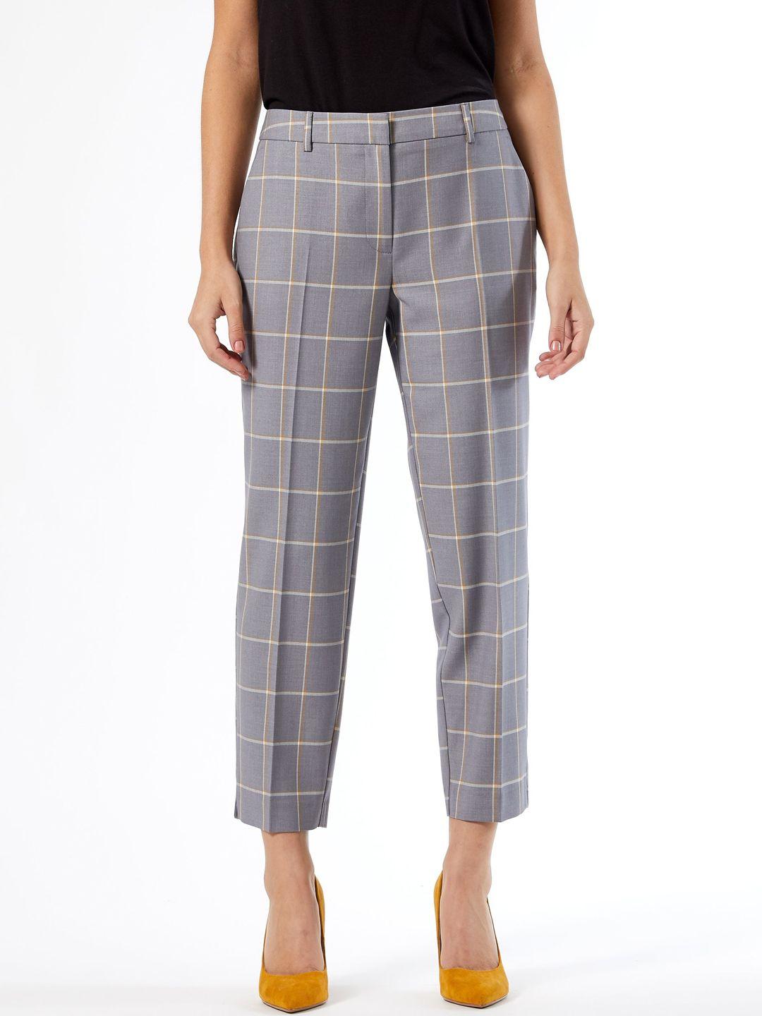 dorothy perkins women grey & mustard regular fit checked regular trousers