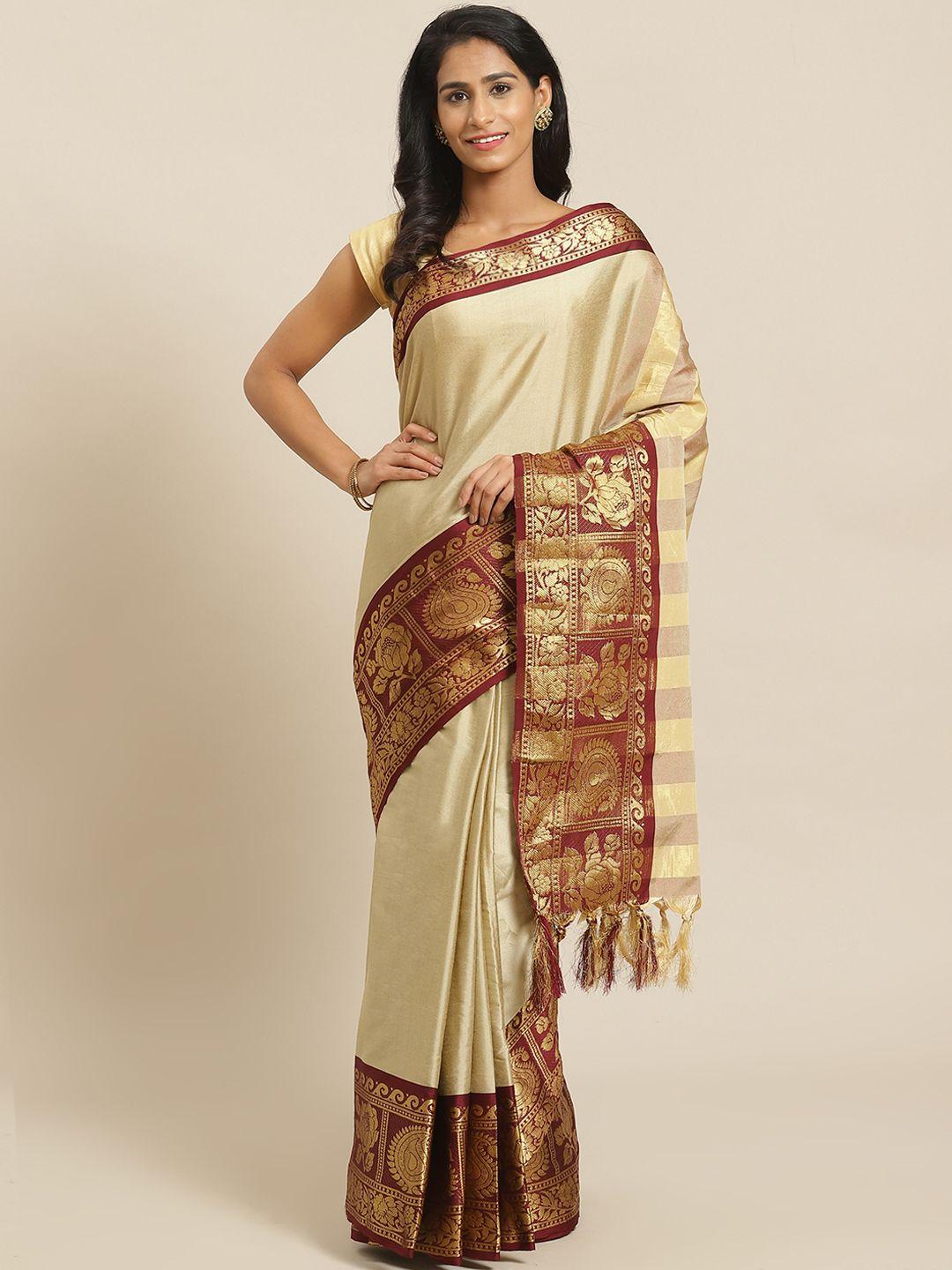 mitera beige & maroon solid banarasi saree