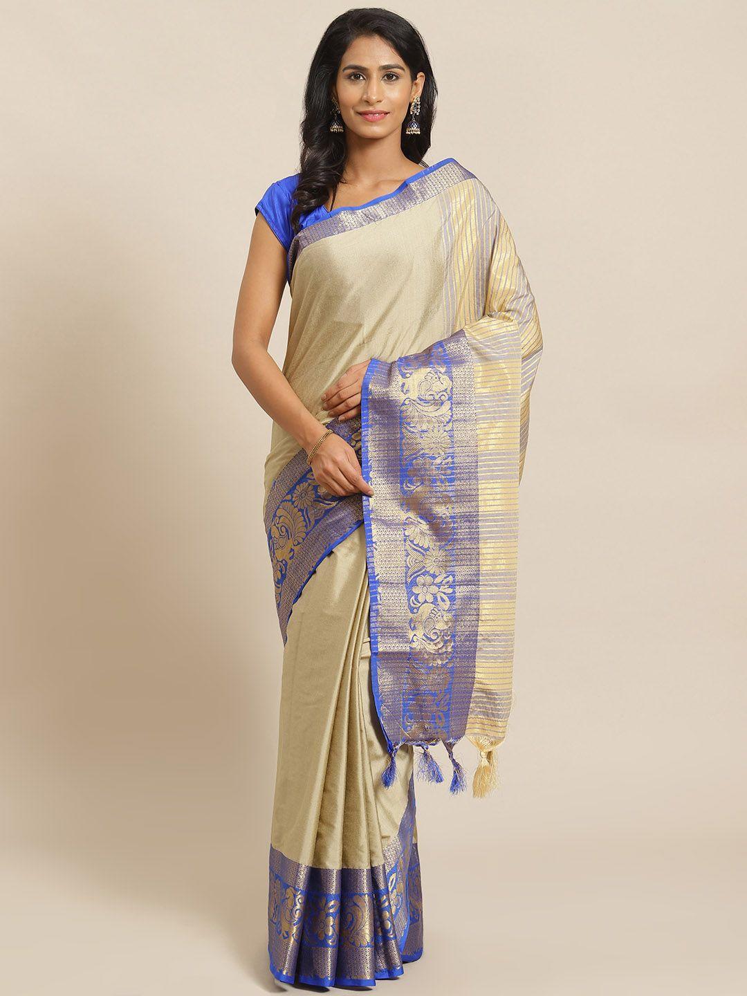 mitera beige & blue solid banarasi saree