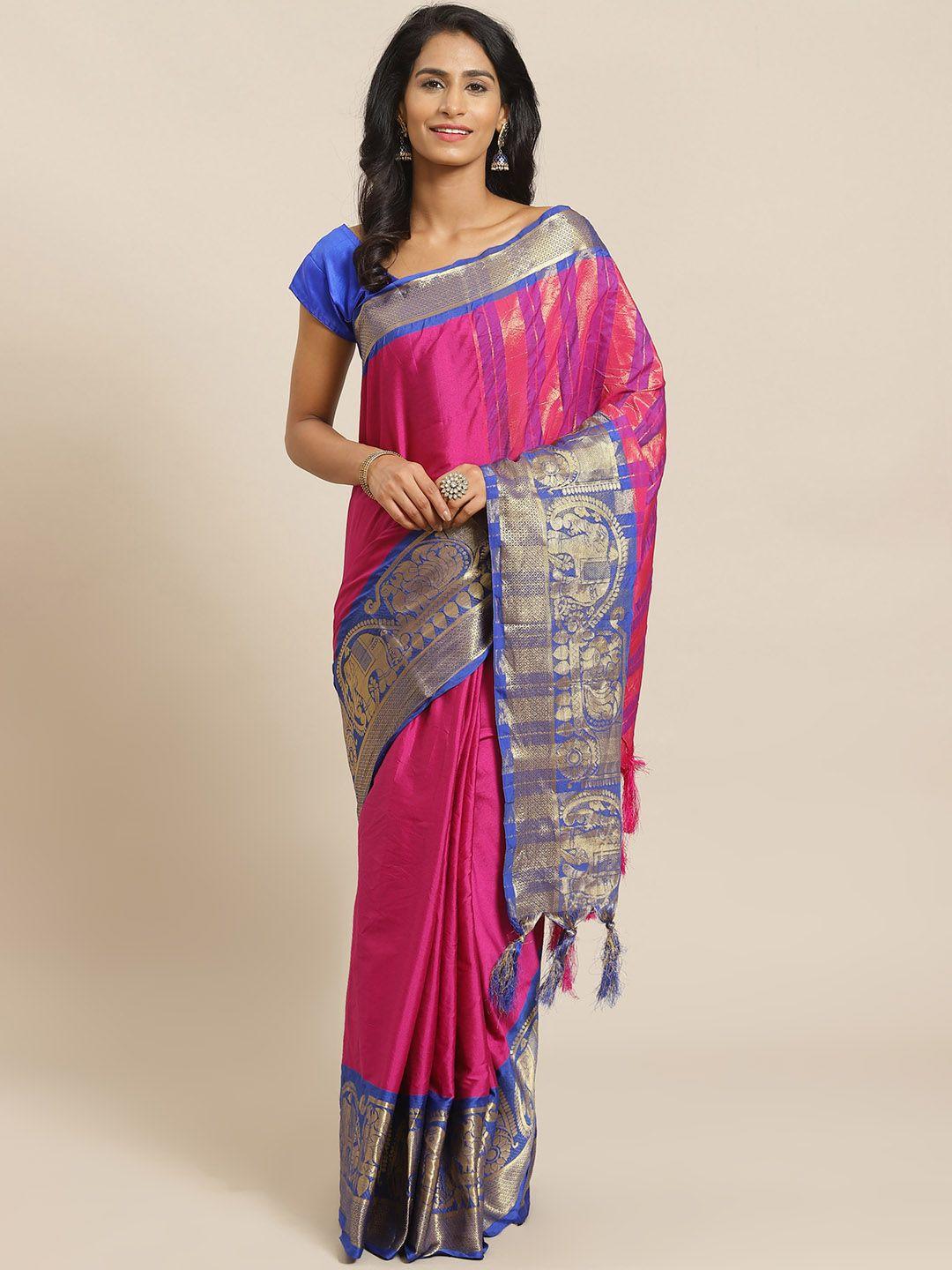 mitera pink & blue solid banarasi saree