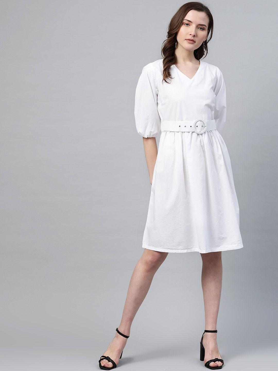 pluss women white cotton solid a-line dress with belt