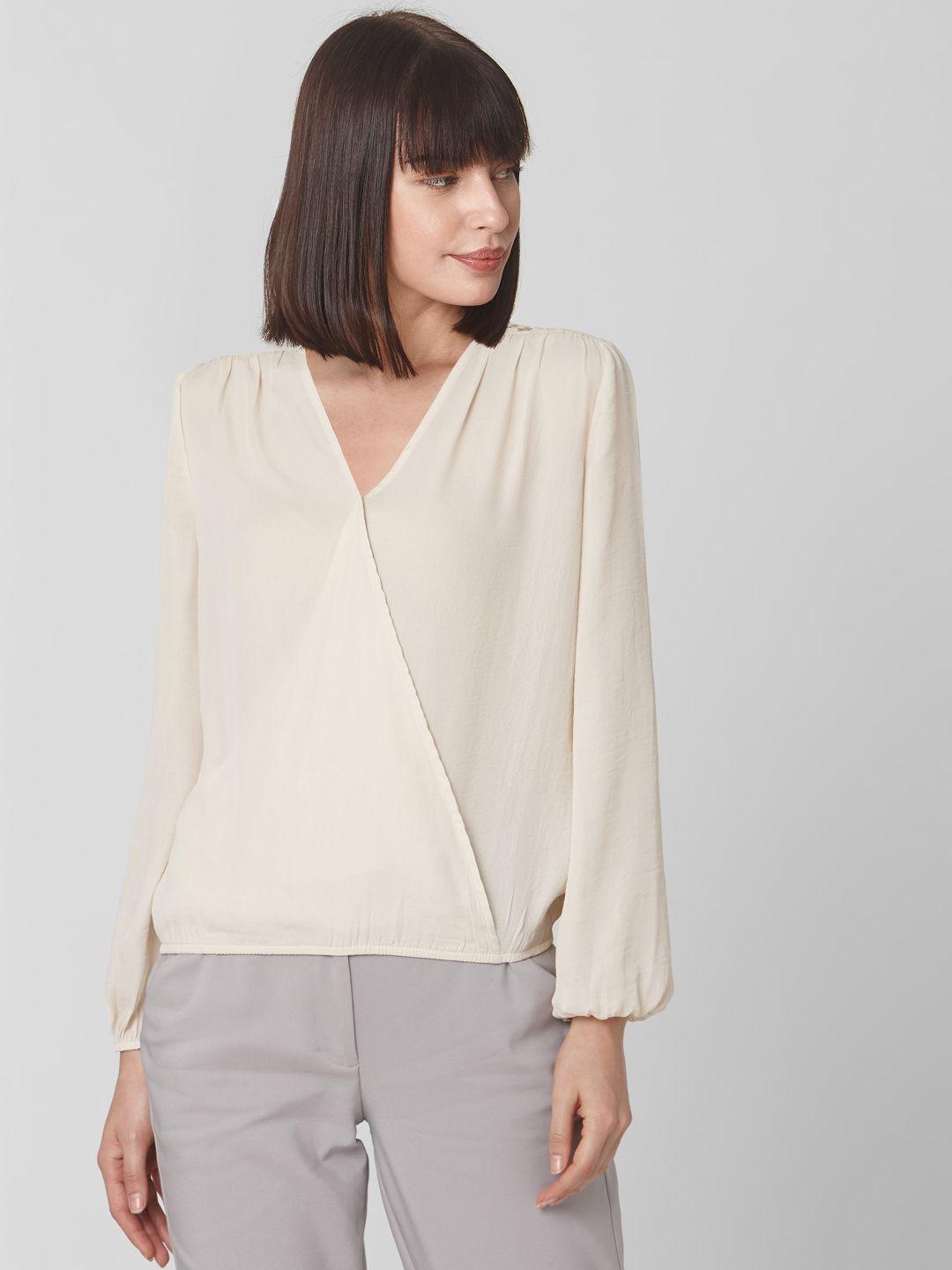 vero moda women cream-coloured solid semi-sheer wrap top