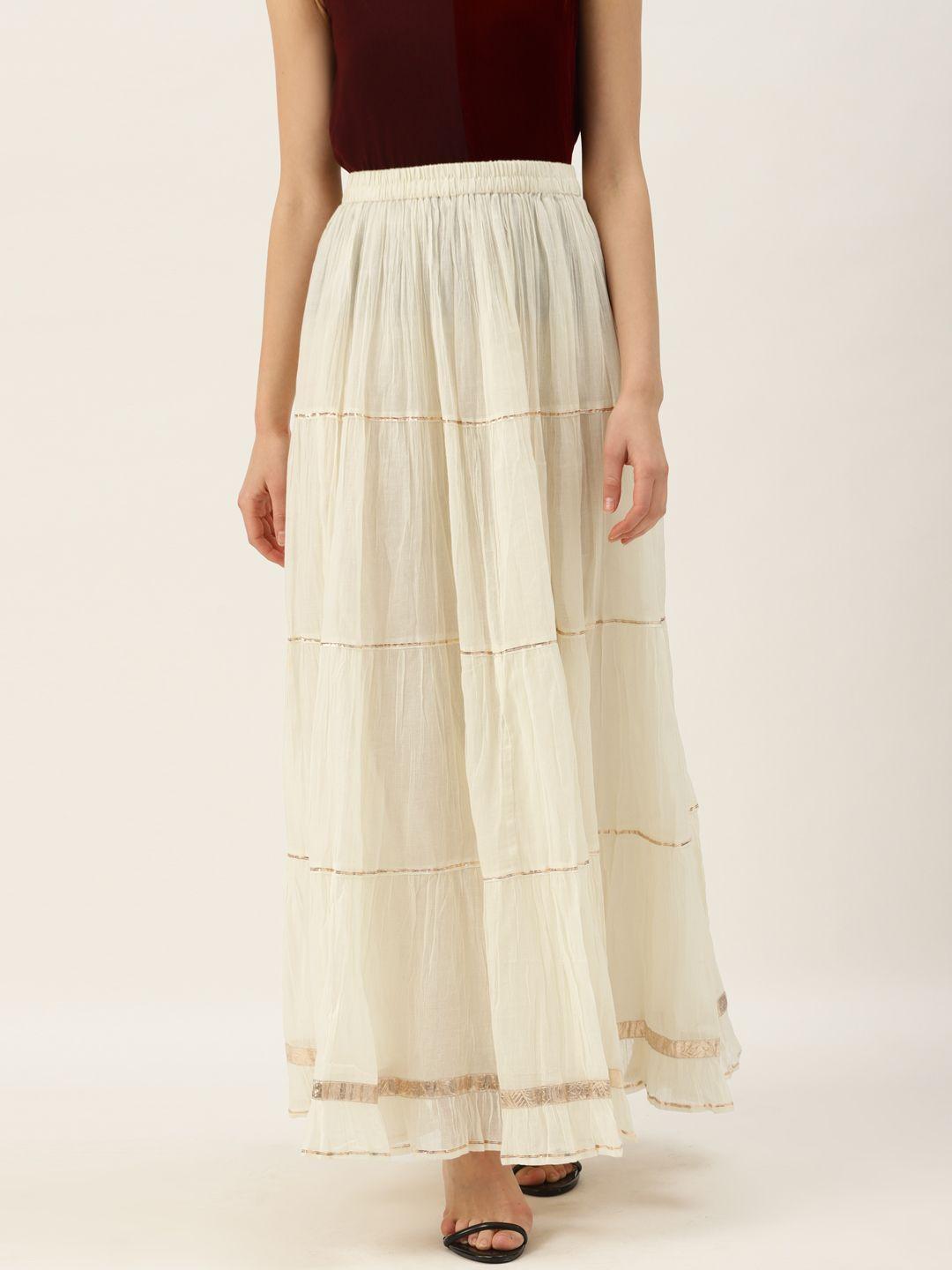 varanga women cream-coloured flared tiered maxi skirt