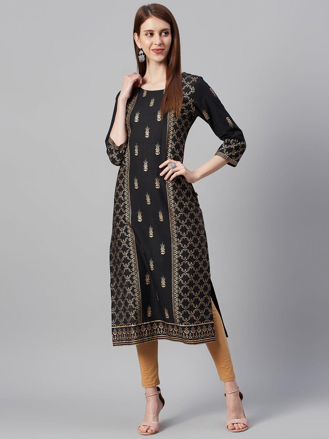 ksut women black & gold-toned printed straight kurta