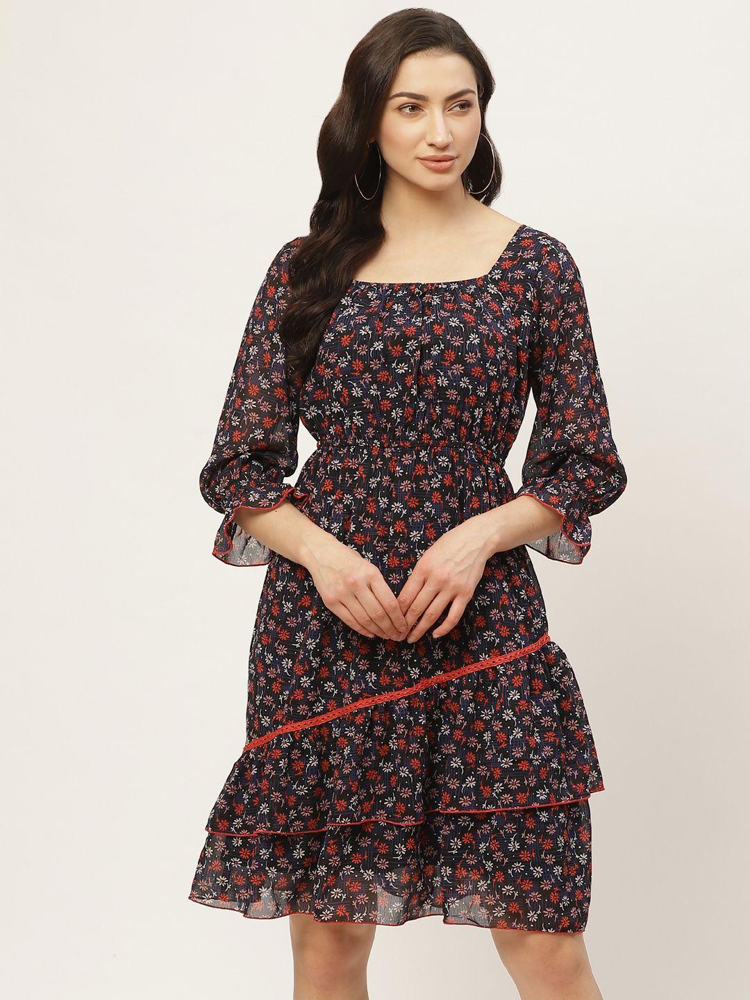 antheaa women black & blue floral printed a-line dress