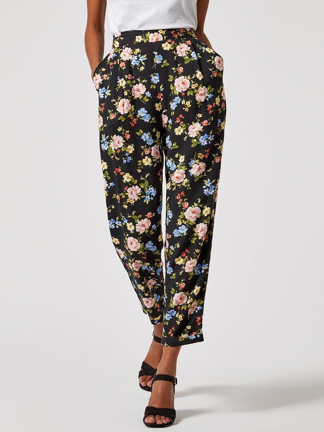 dorothy perkins women black & peach-coloured regular fit floral print trousers