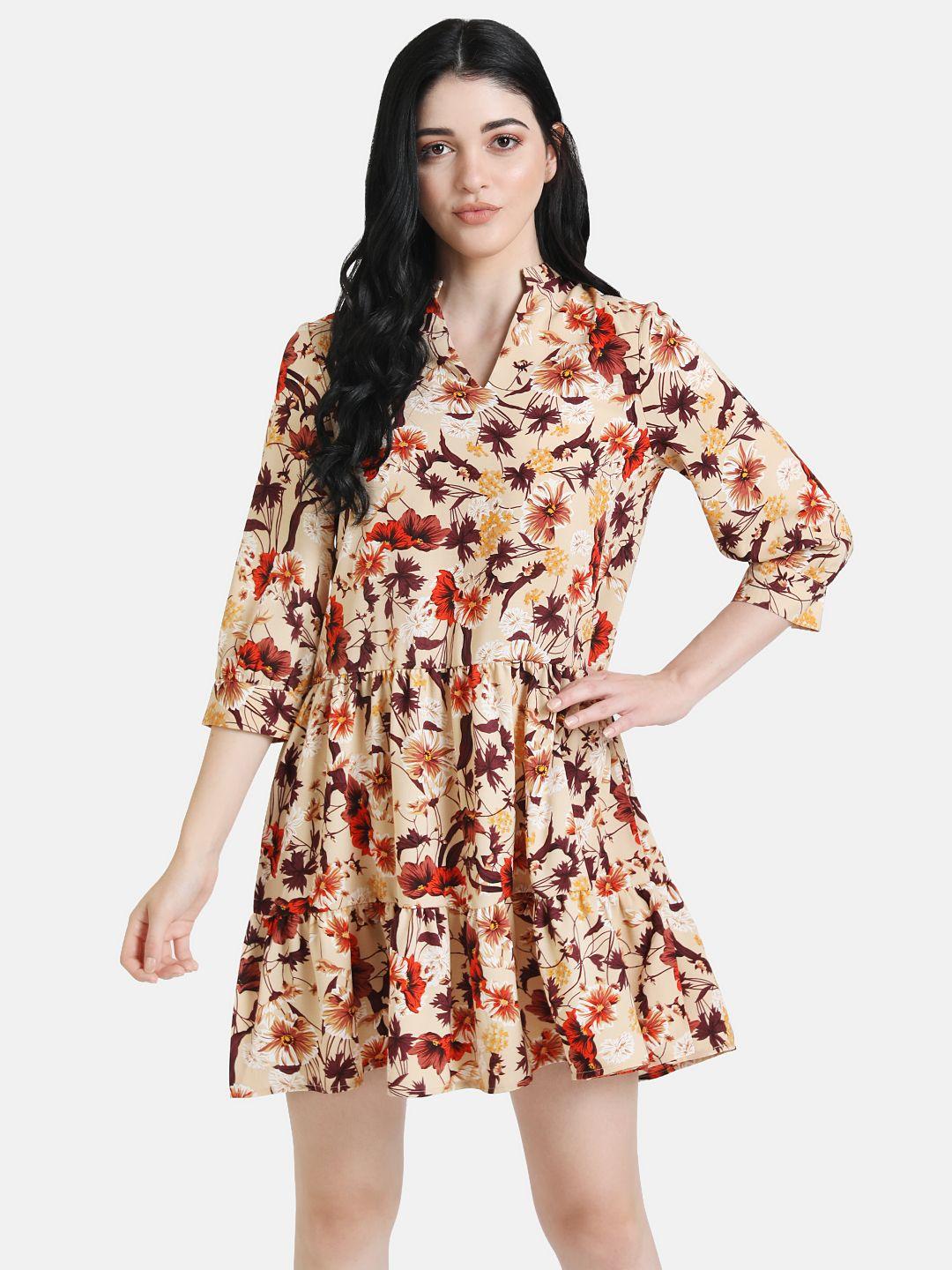 kazo women beige & red floral printed drop-waist dress