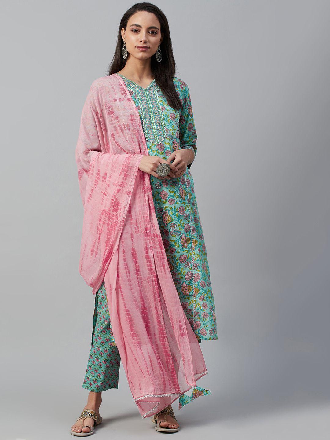 yuris women green & peach-coloured printed kurta with palazzos & dupatta