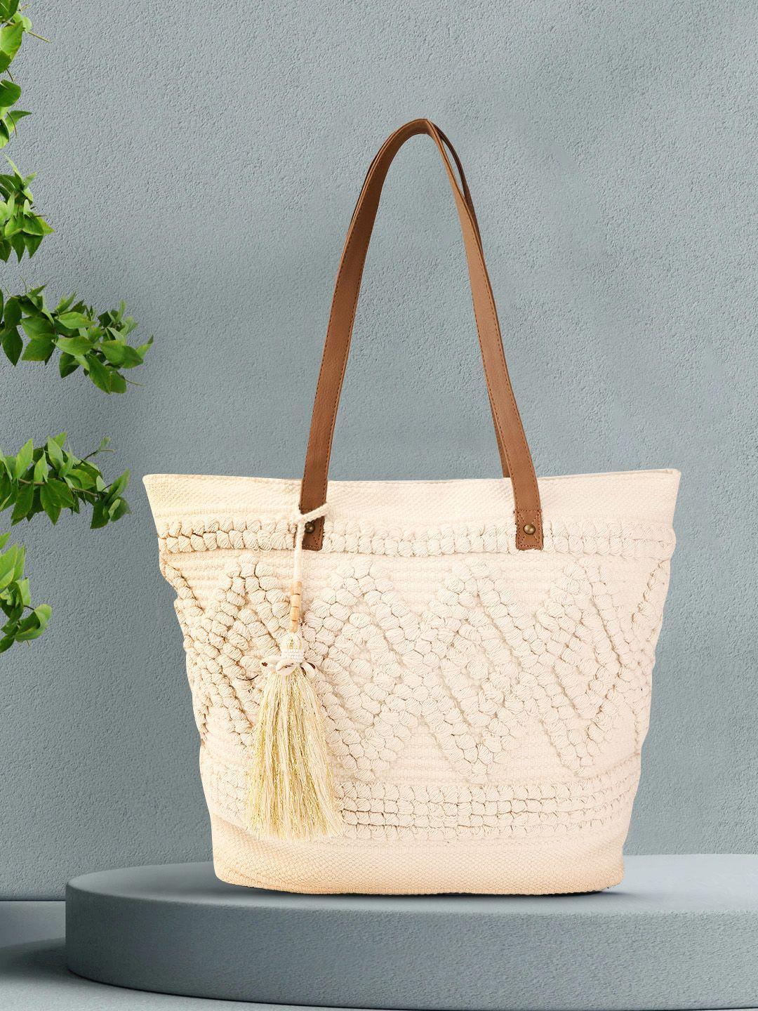 anouk women off-white woven design shoulder bag with tasselled detail