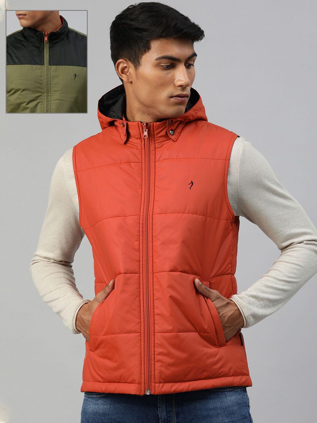 indian terrain men orange solid reversible padded jacket