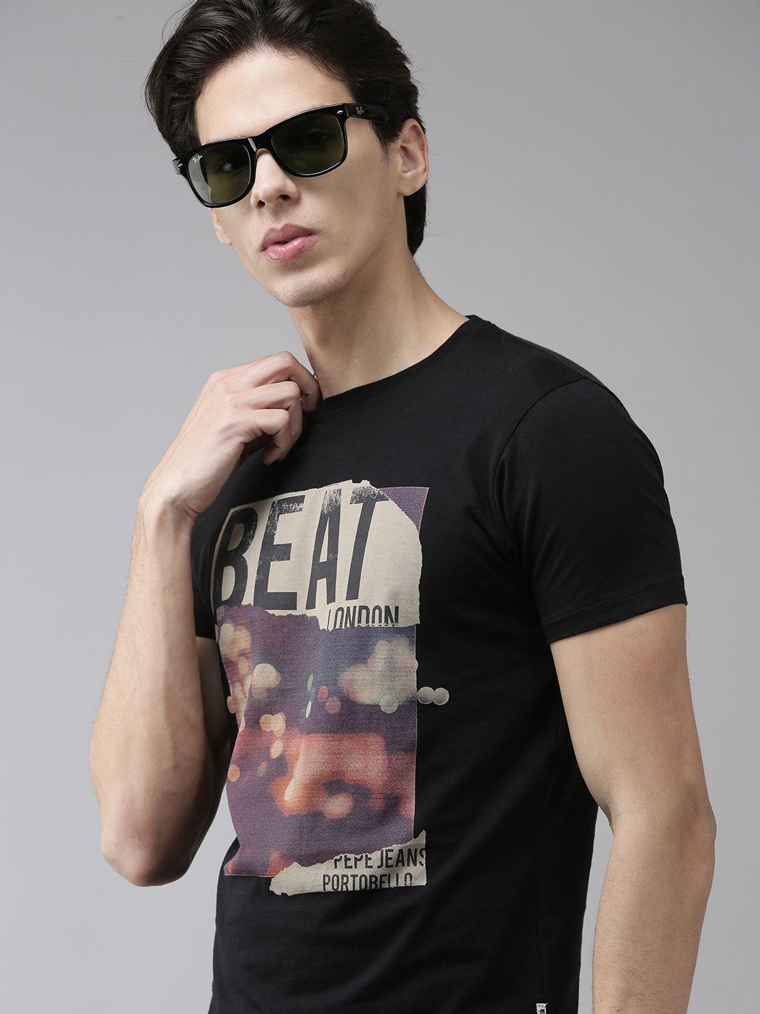 beat london by pepe jeans men black printed slim fit pure cotton t-shirt