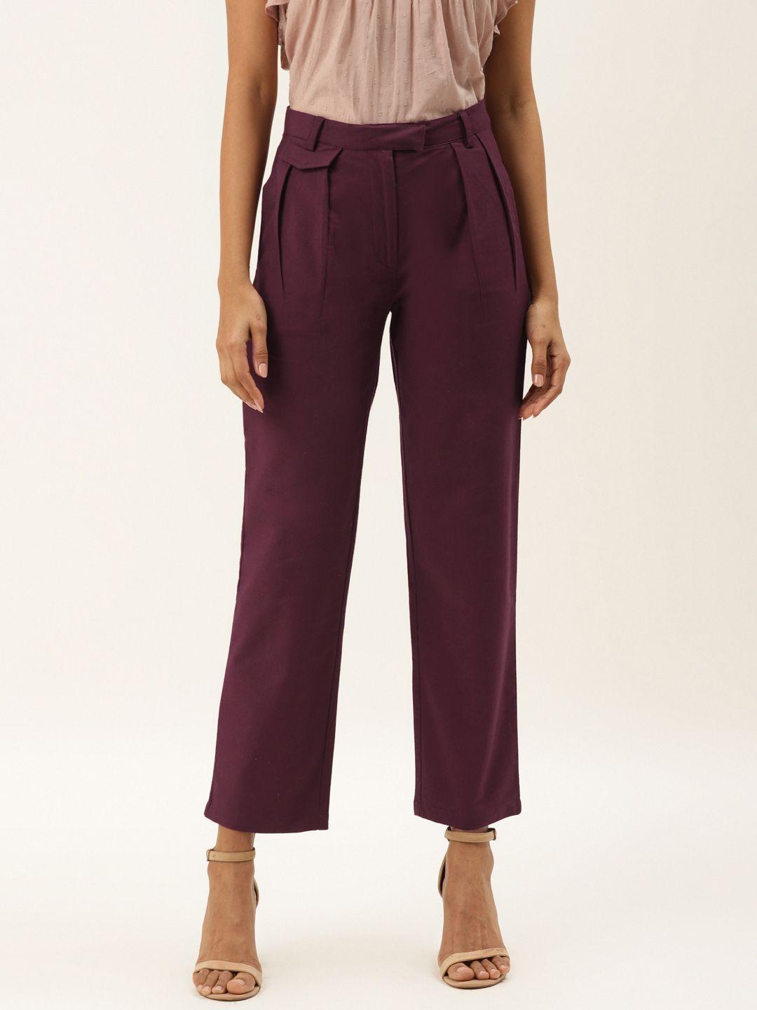 off label women maroon regular fit solid regular trousers