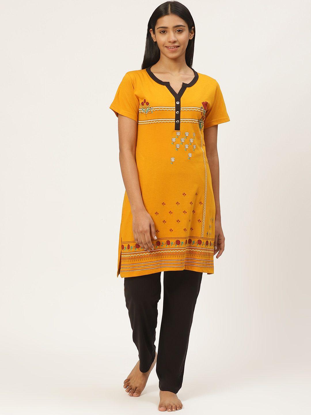 duchess women mustard yellow & black printed night suit