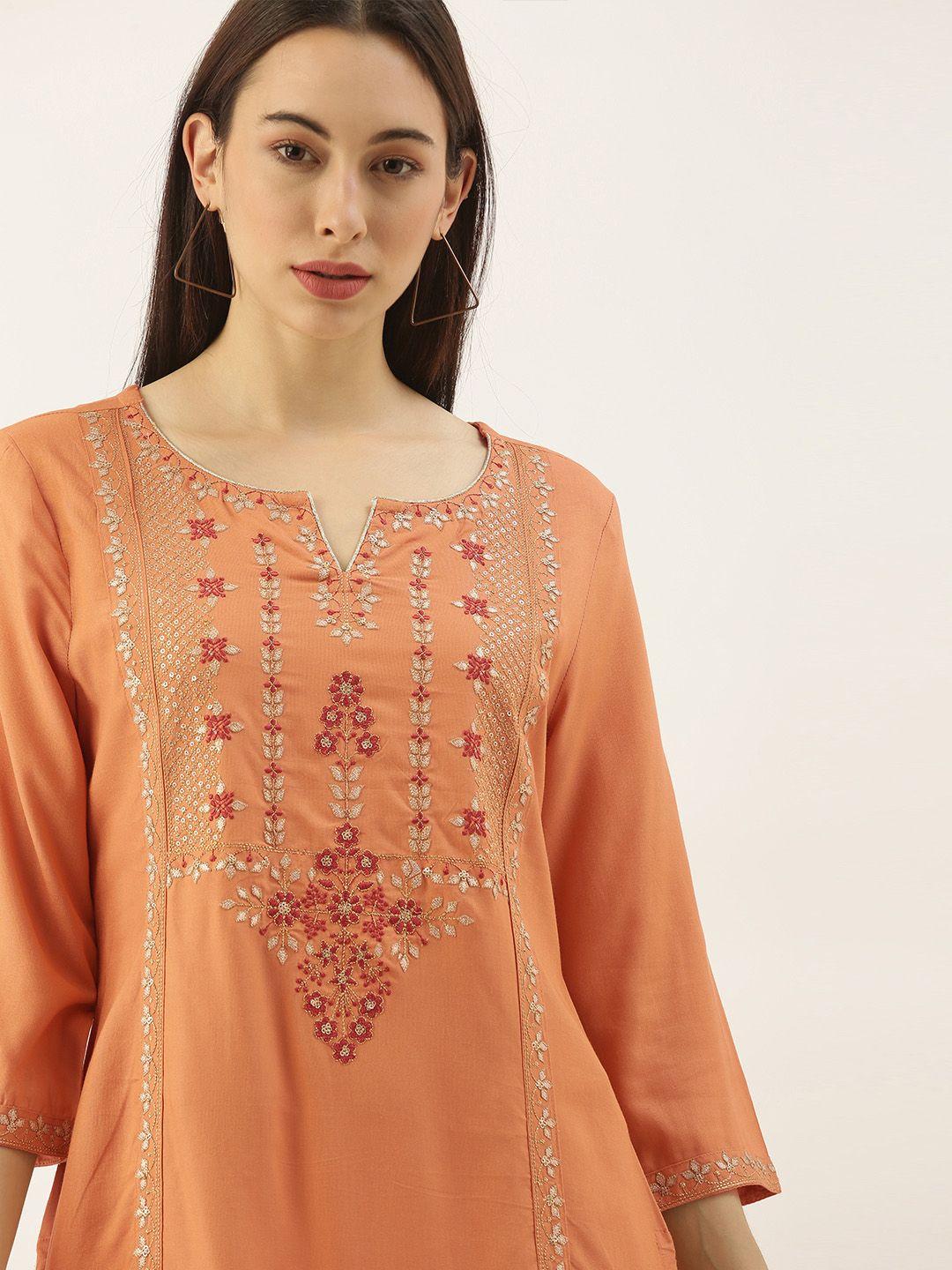 all about you women orange ethnic motifs embroidered kurta